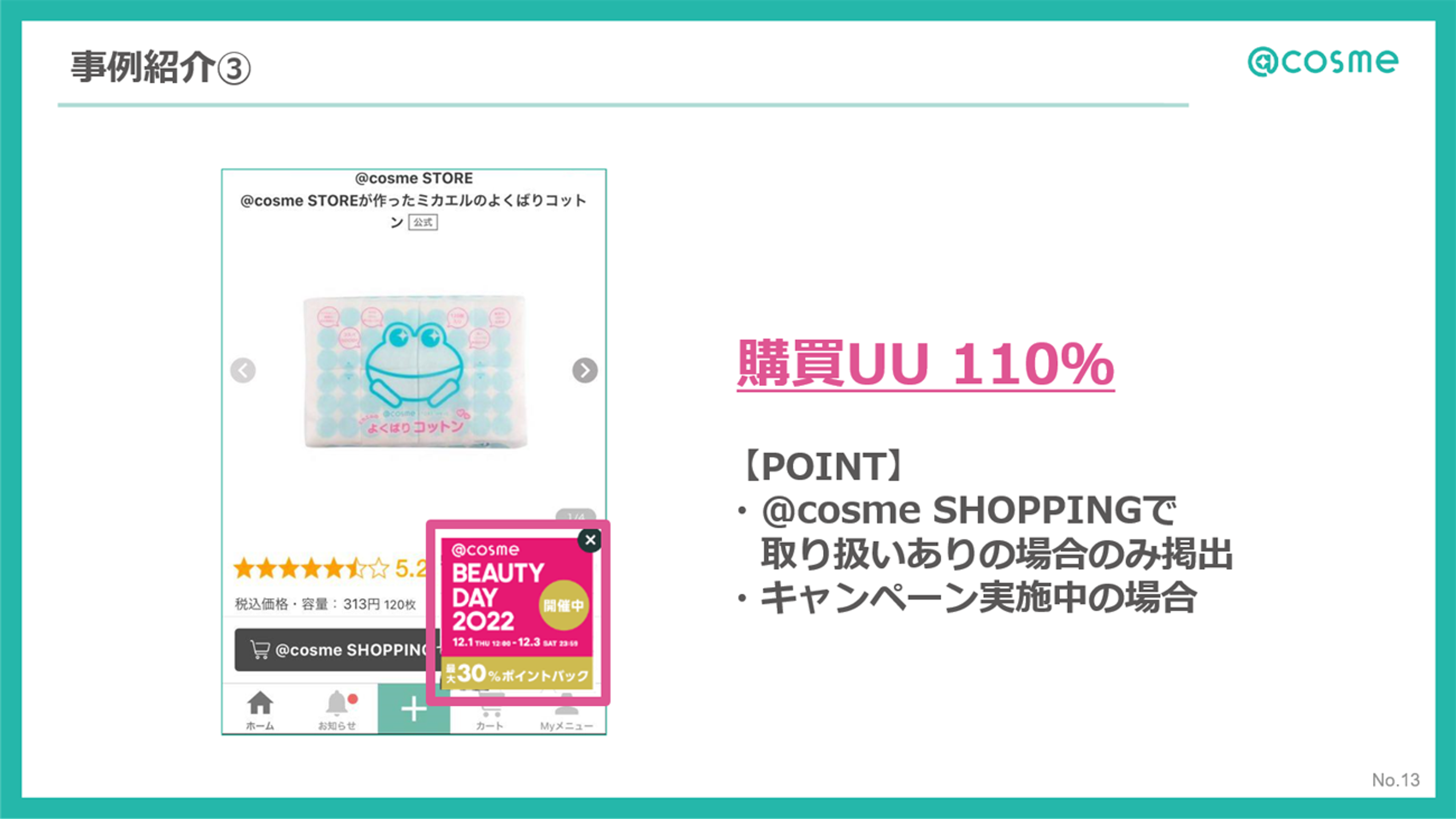 @cosme STOREの商品紹介画面。購入UUが110%で、キャンペーン実施中の情報が表示されている。