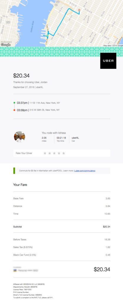 A receipt for an Uber ride showing a route map, fare details, and trip summary. The total fare is $20.34.