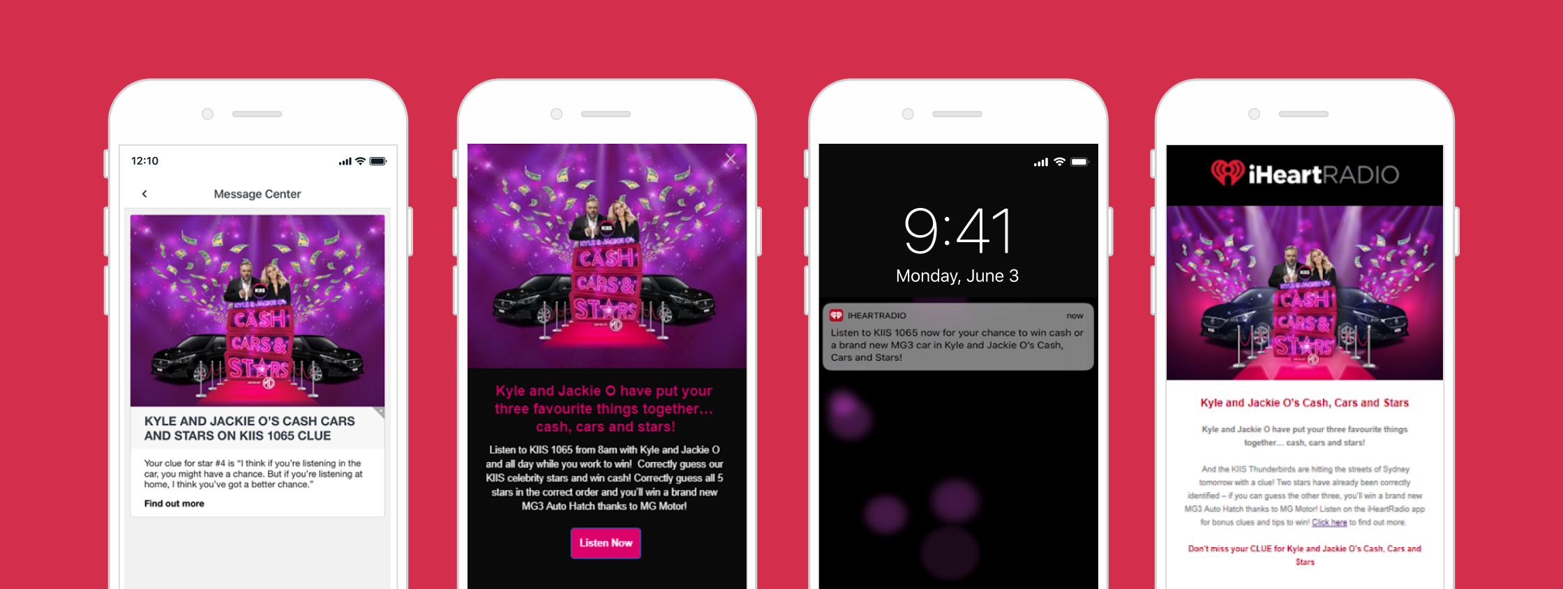 A promotional message for a contest featuring Kyle and Jackie O, with images of cars and stars on a pink background. The message encourages users to enter for a chance to win.
