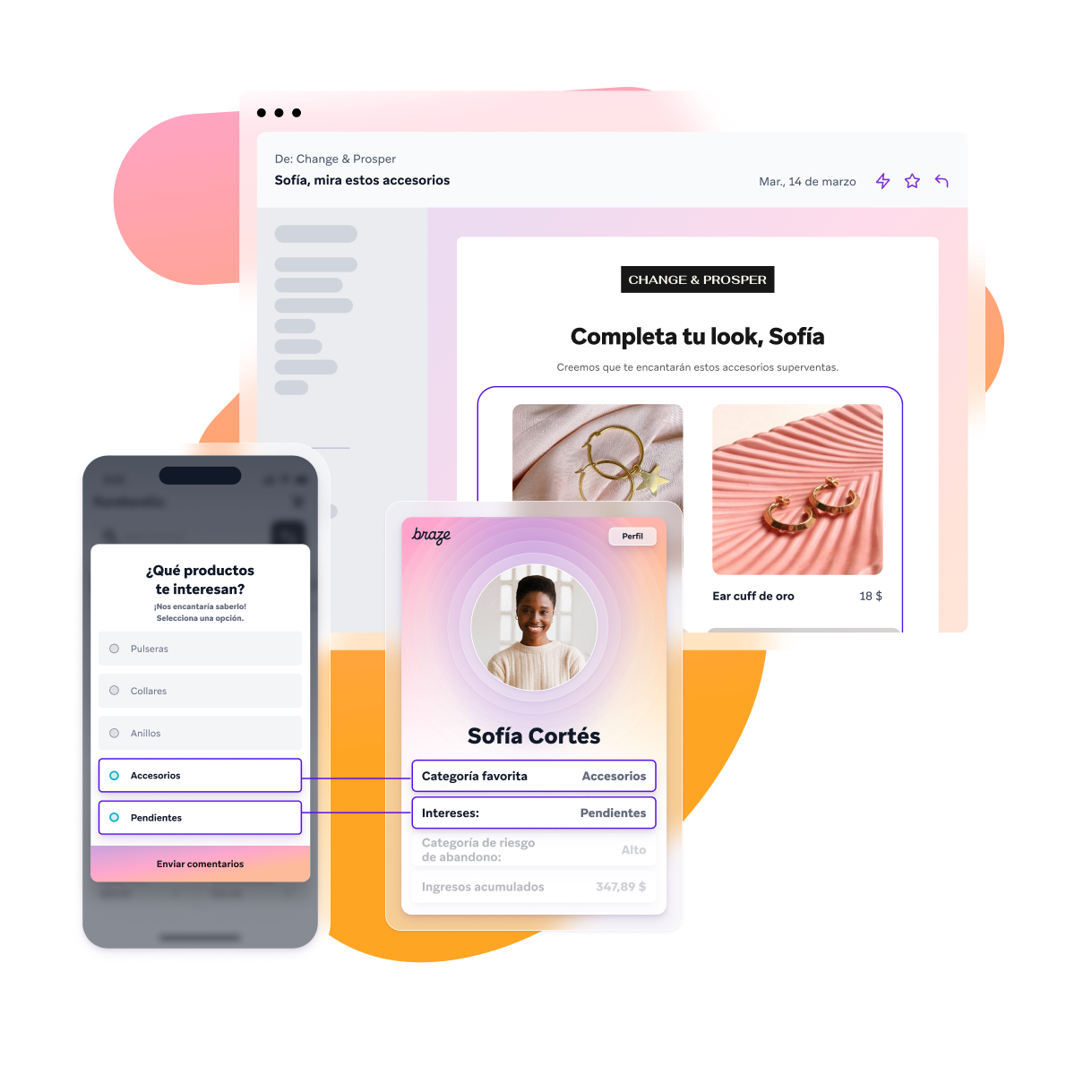 Mobile app, customer profile, and personalized email showing how user preferences for accessories drive tailored product recommendations.