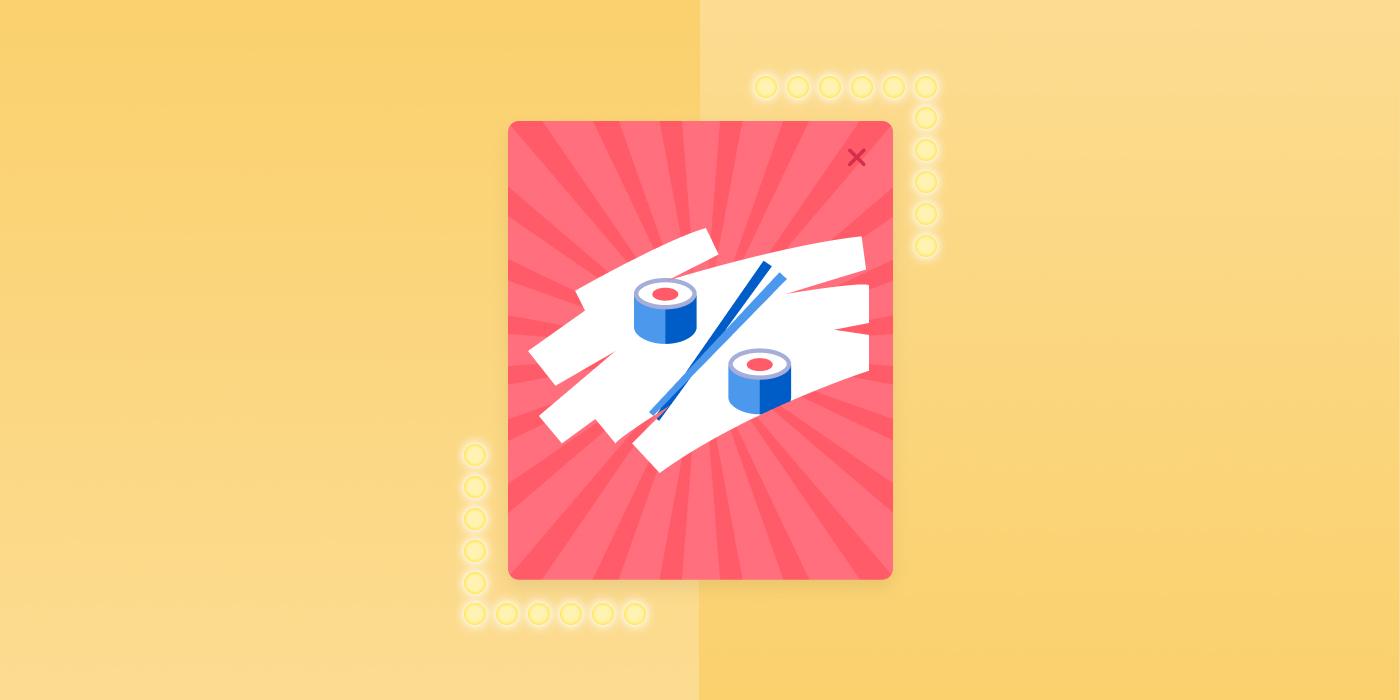 An illustration of sushi rolls and chopsticks on a pink background with a burst design. The image is framed by a yellow border.