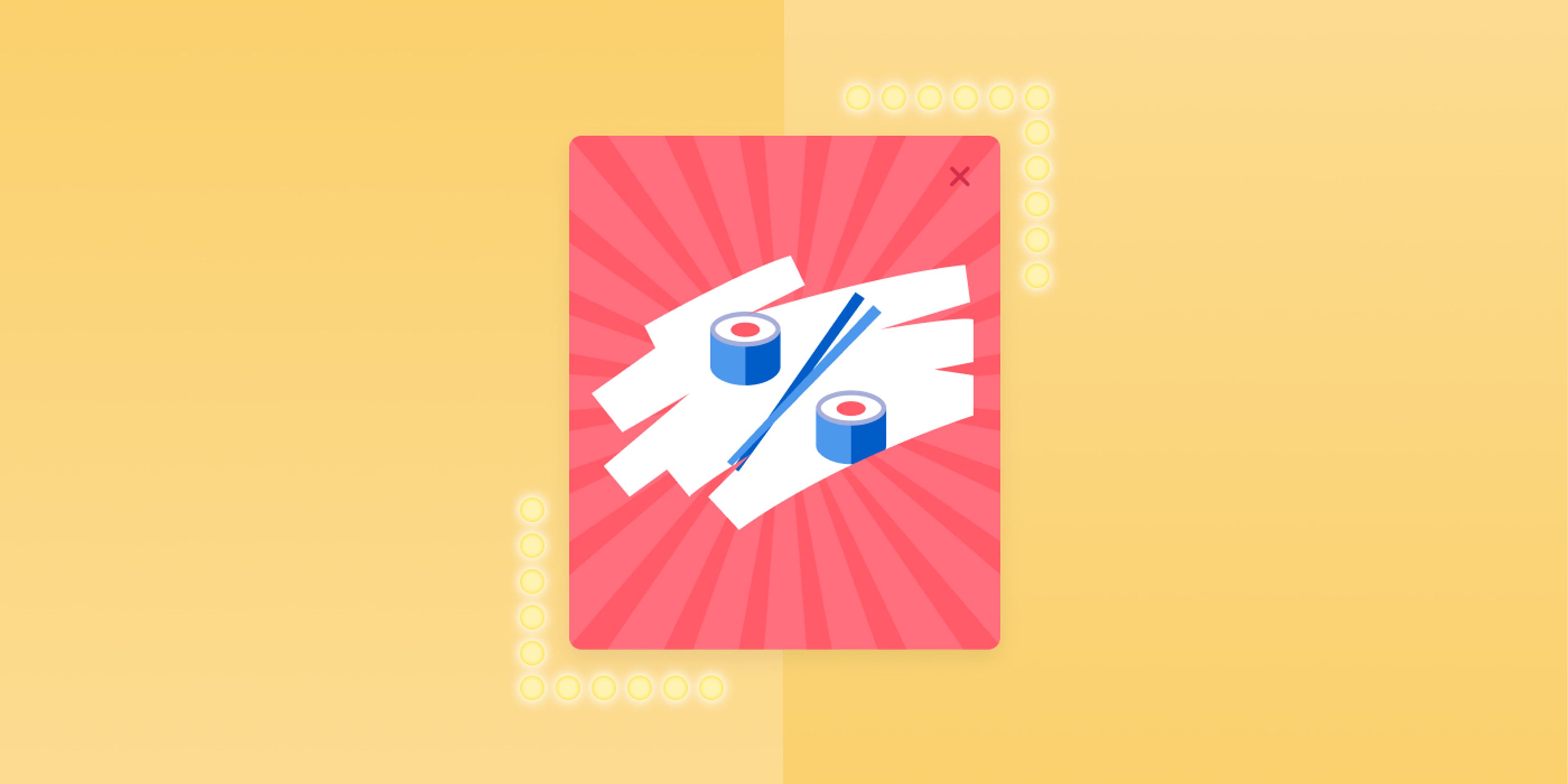 An illustration of sushi rolls and chopsticks on a pink background with a burst design. The image is framed by a yellow border.