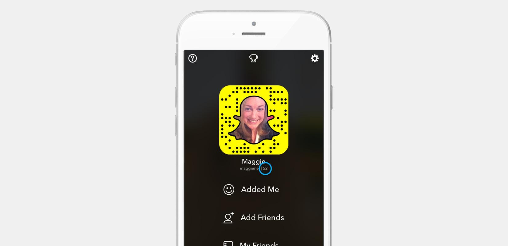 A smartphone screen displaying a Snapchat profile with a yellow snapcode and a user's photo. The profile includes options like "Added Me" and "My Friends.