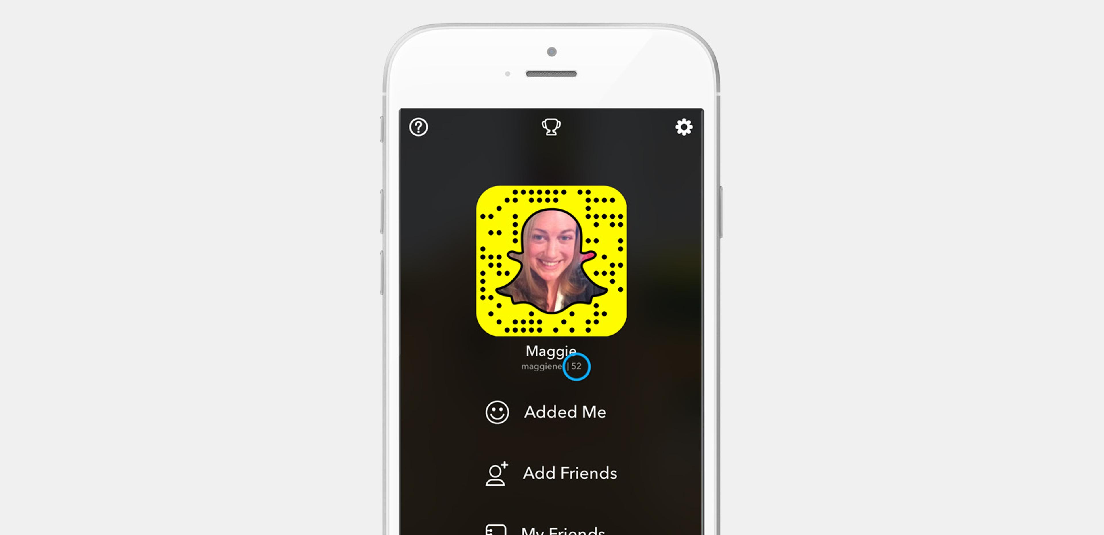 A smartphone screen displaying a Snapchat profile with a yellow snapcode and a user's photo. The profile includes options like "Added Me" and "My Friends.