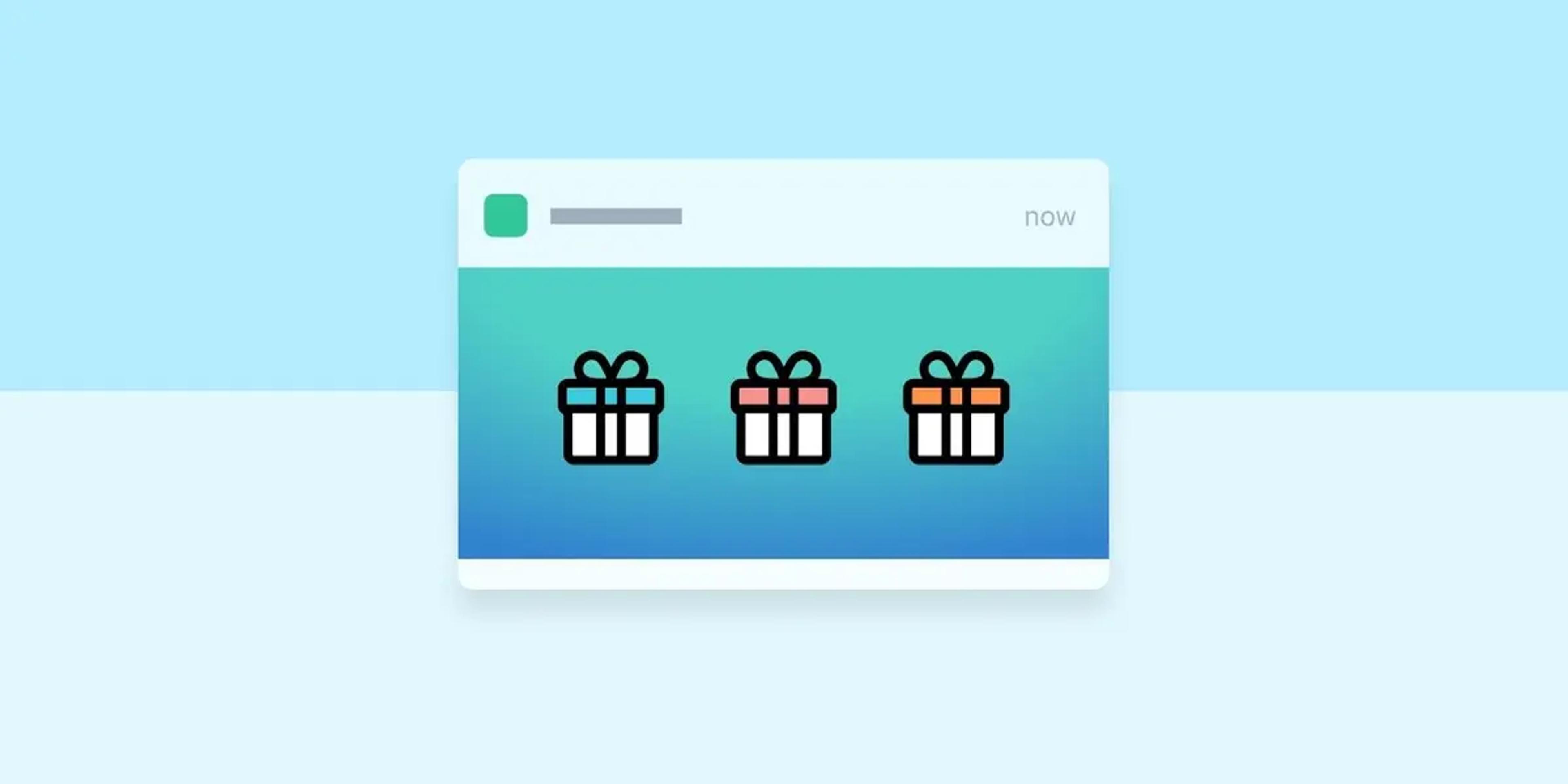 Ilustração de um cartão de notificação com três ícones de caixa de presente: azul, rosa e laranja.