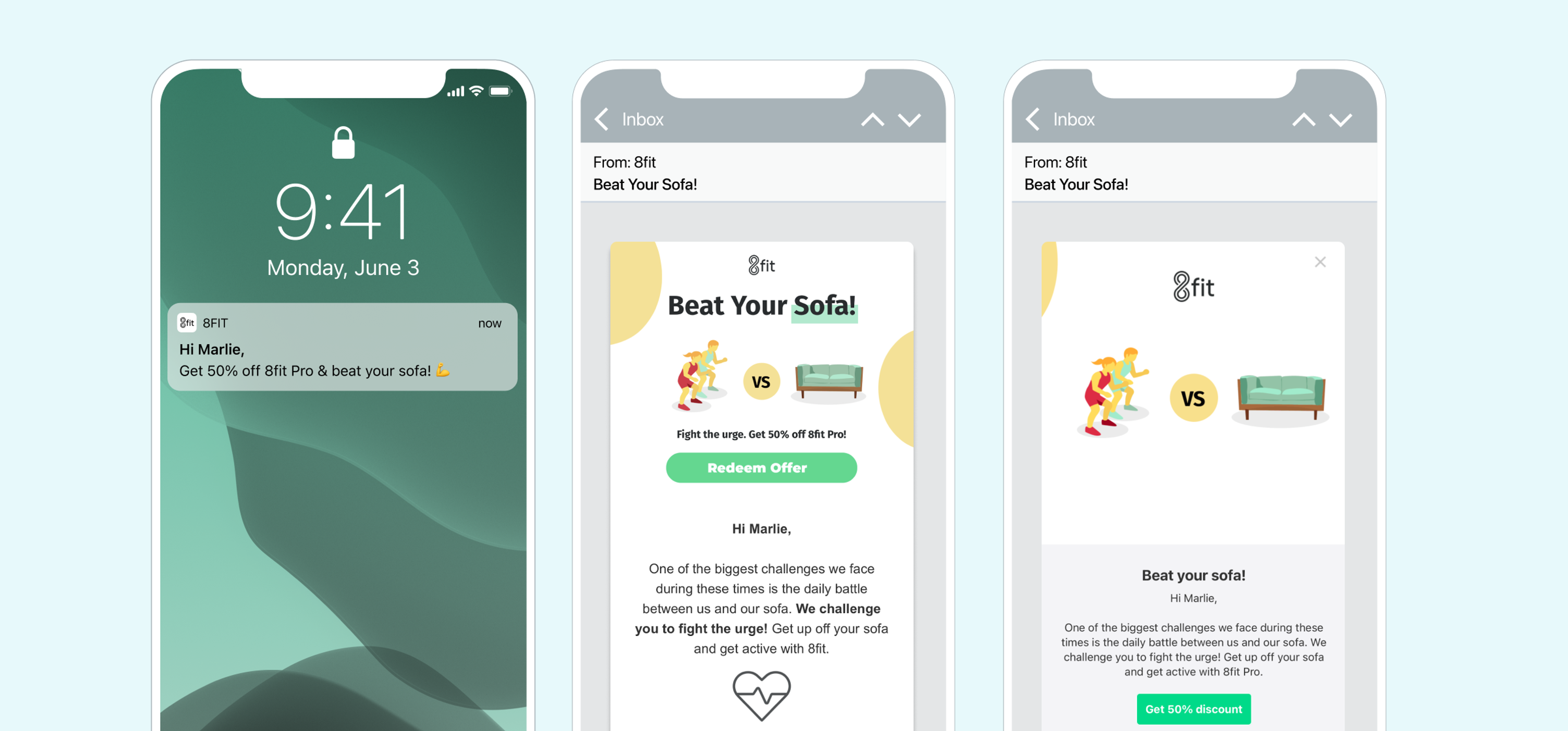 Three smartphone screens showing an 8fit email campaign encouraging users to "Beat Your Sofa!" with a 50% off offer.