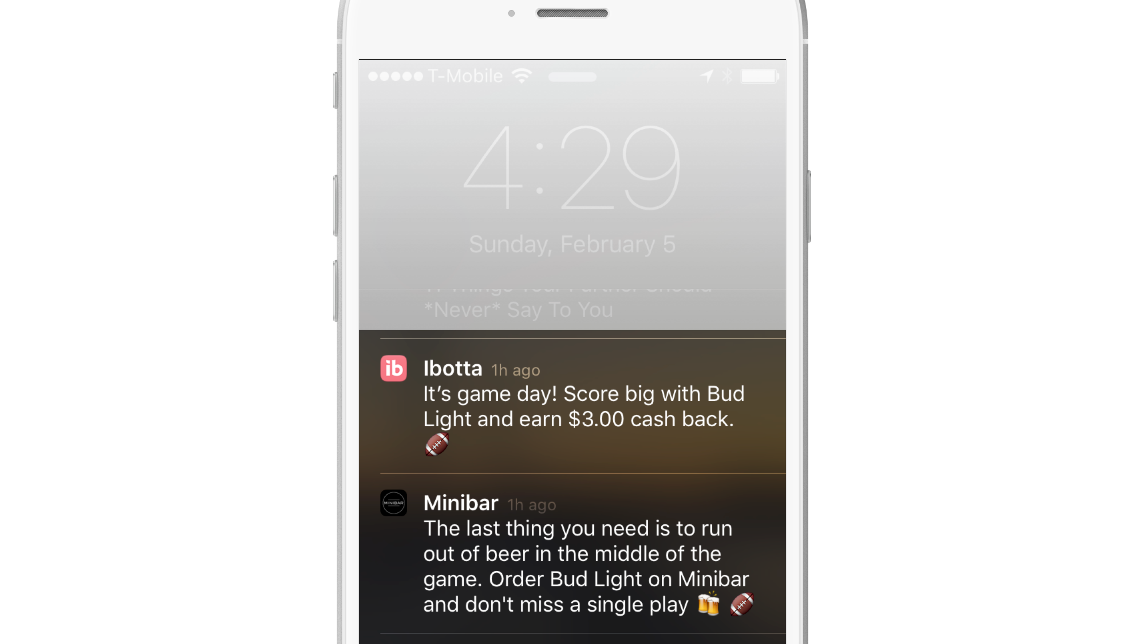 A smartphone screen displaying notifications about a game day promotion for Bud Light and a reminder to order beer through Minibar. The time is 4:29 PM on Sunday, February 5.