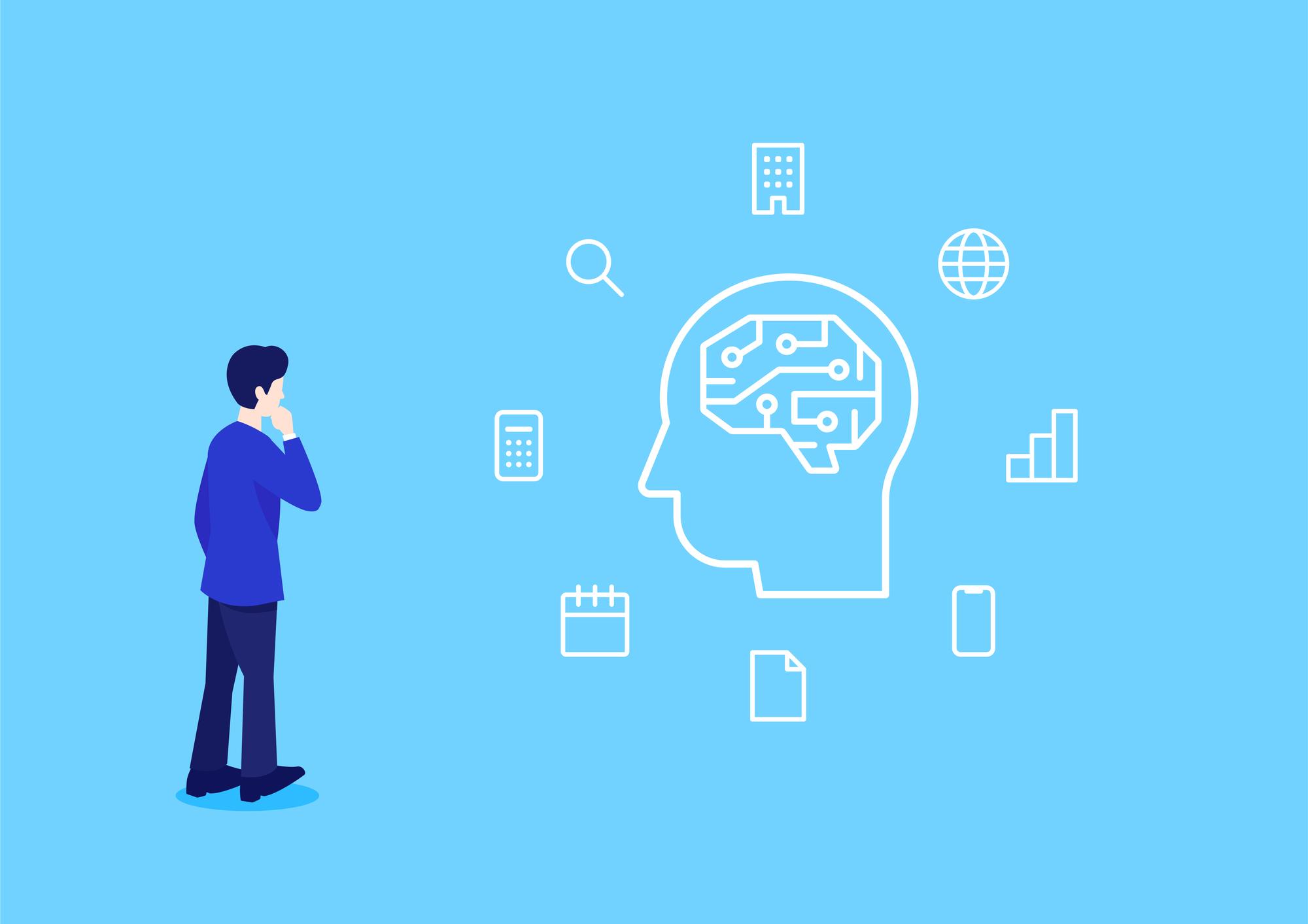 a man is standing in front of a brain surrounded by icons .