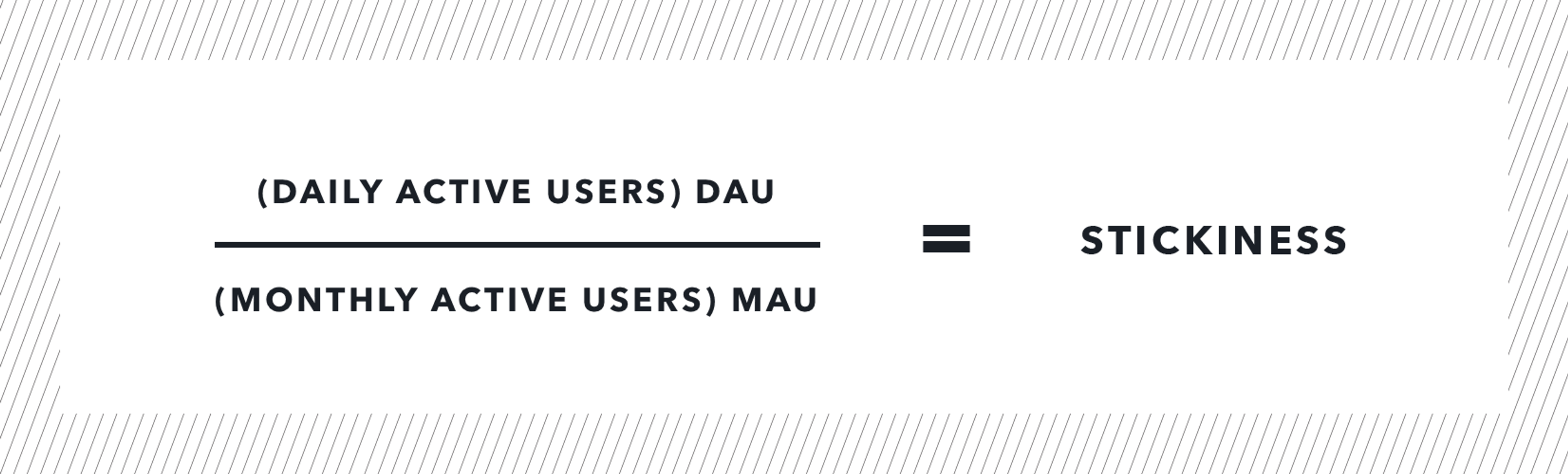 A formula showing the relationship between daily active users (DAU) and monthly active users (MAU) to calculate "stickiness." The equation is DAU divided by MAU.