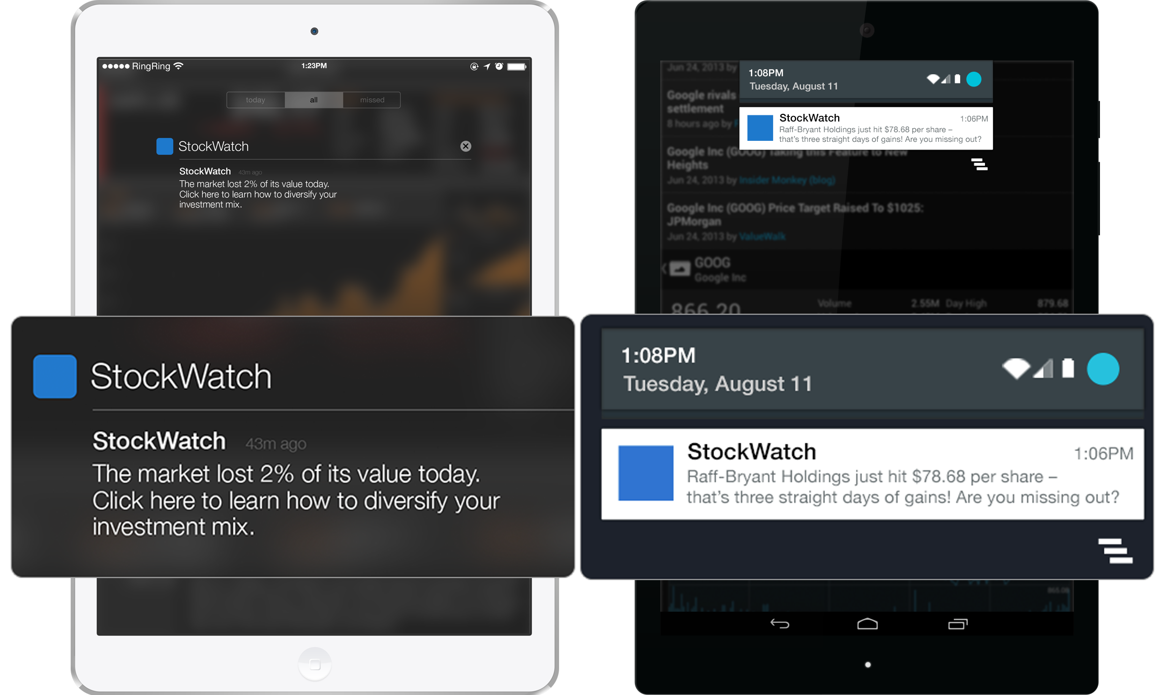 Screenshots of a stock market app displaying notifications and market updates on different devices, including a tablet and a smartphone. The notifications highlight market performance and investment tips.