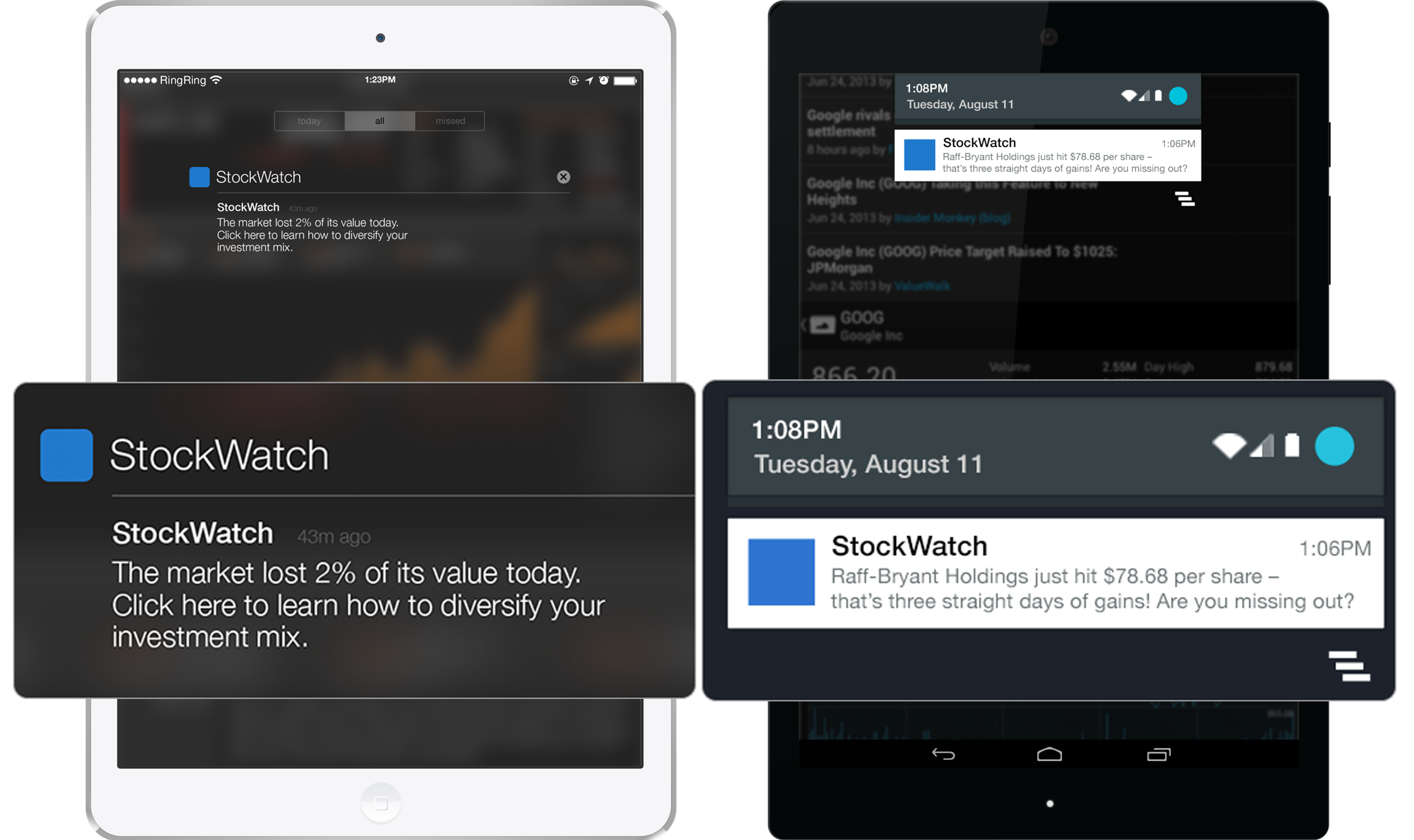 Screenshots of a stock market app displaying notifications and market updates on different devices, including a tablet and a smartphone. The notifications highlight market performance and investment tips.