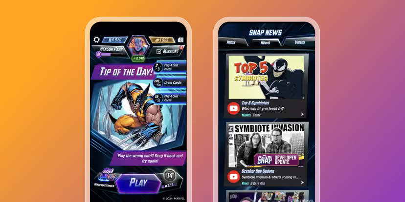 Deux smartphones affichent l’interface du jeu Marvel Snap, avec un conseil de jeu à gauche et le fil d’actualités « Snap News » à droite.