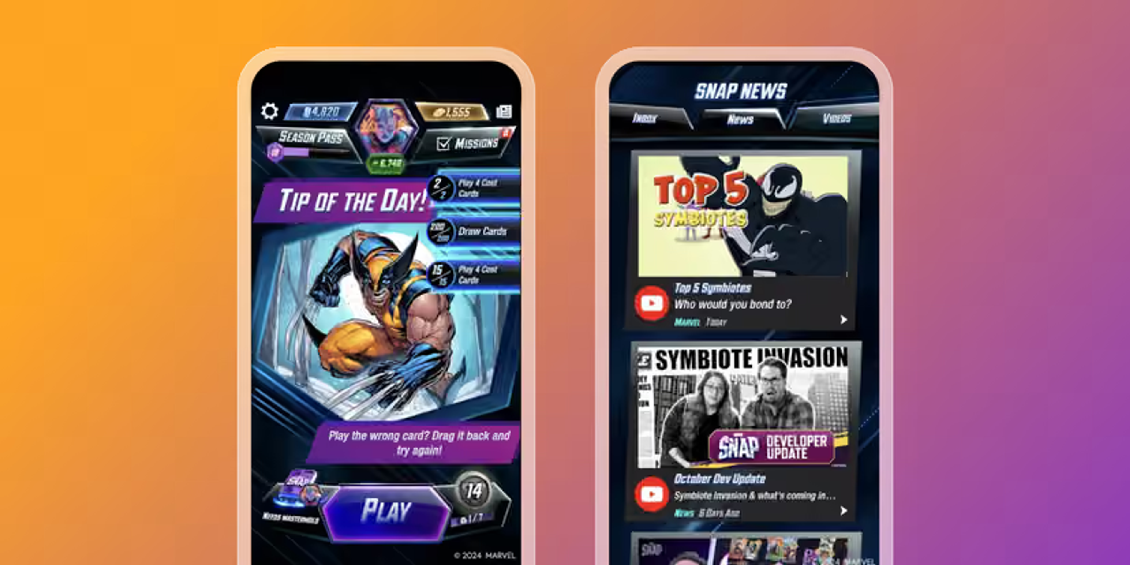 Deux smartphones affichent l’interface du jeu Marvel Snap, avec un conseil de jeu à gauche et le fil d’actualités « Snap News » à droite.