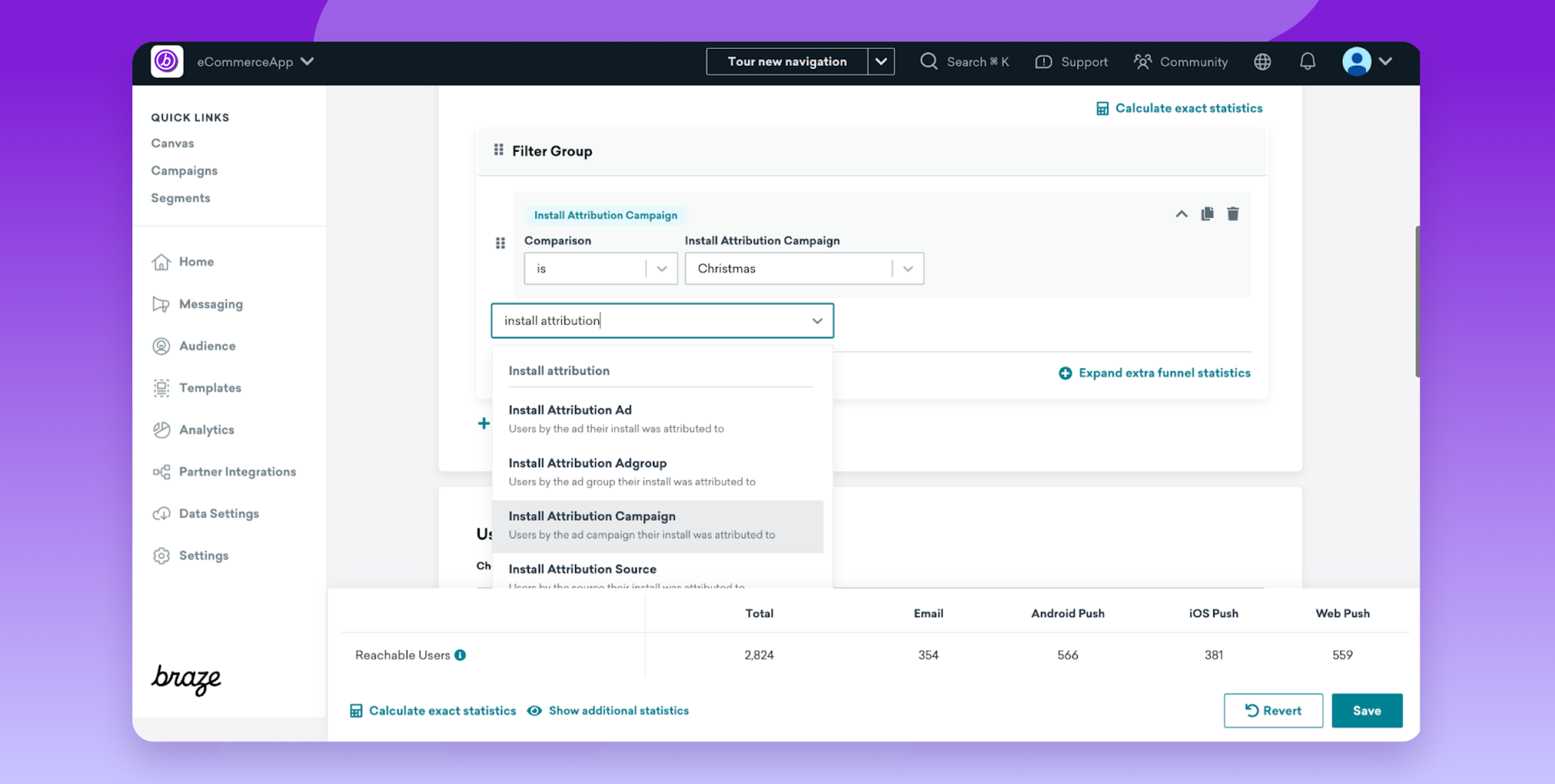 A user interface displaying a filter group for an attribution campaign in a marketing tool. The screen shows options to select and manage campaigns.