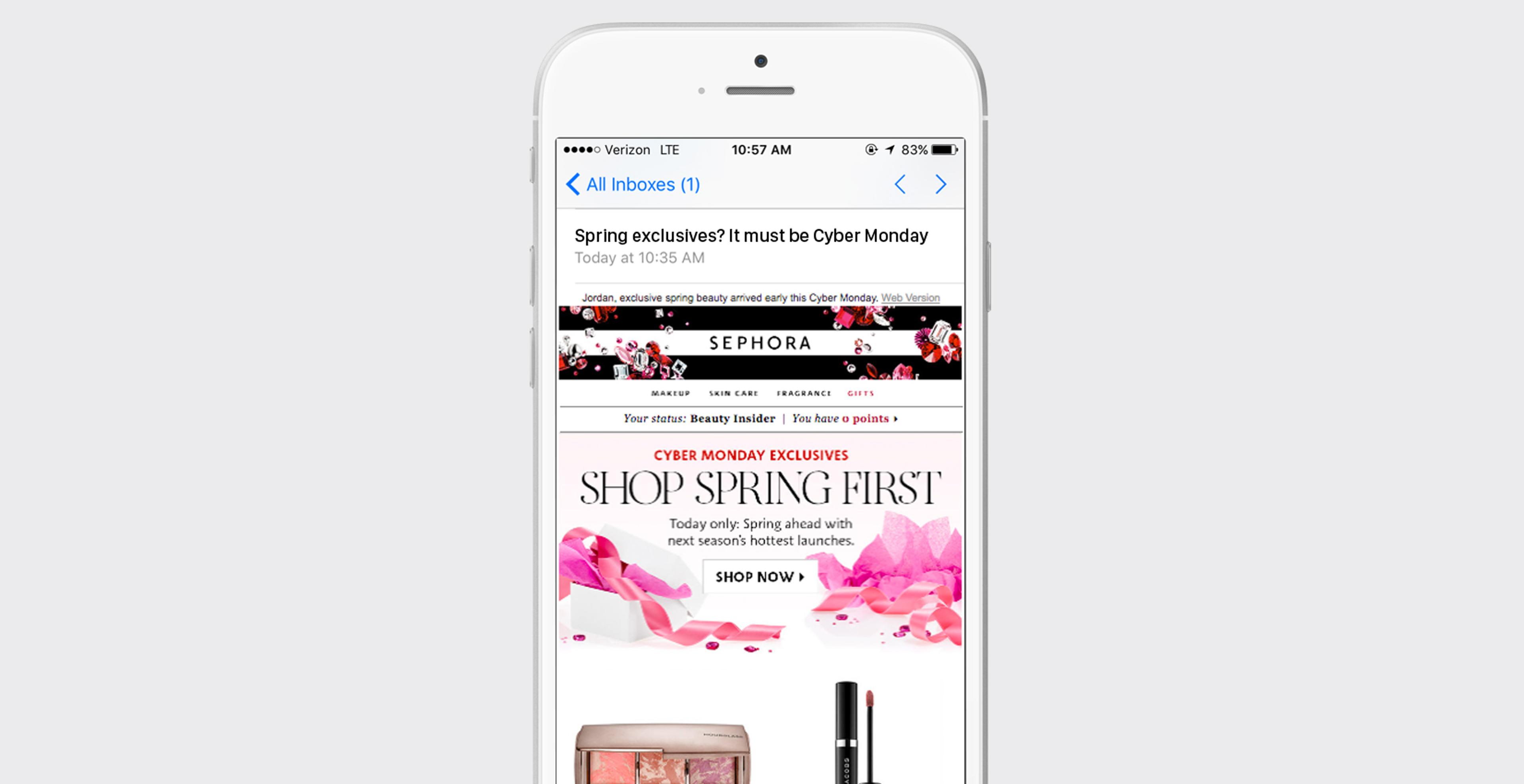 An email inbox displayed on a smartphone, featuring a promotional banner for Sephora's spring sale. The email highlights Cyber Monday exclusives and encourages shopping.