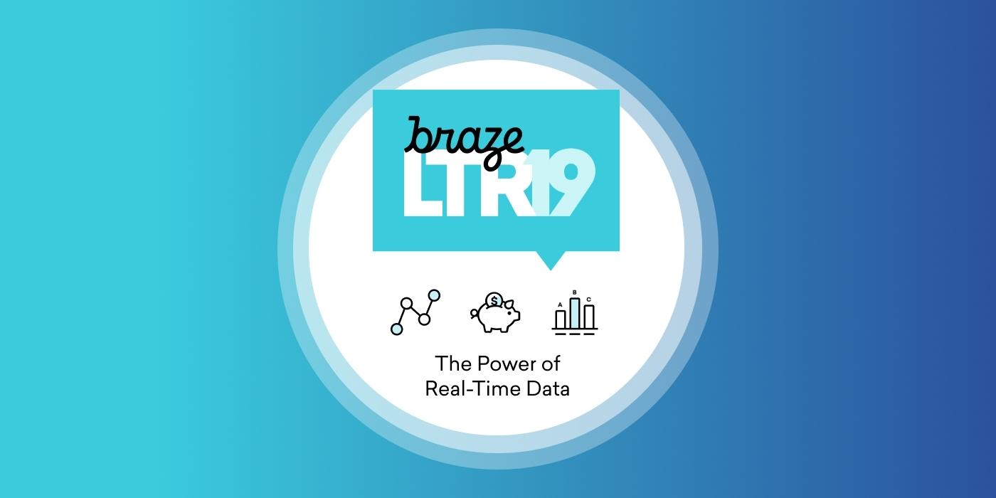 Logo for Braze LTR19 event, featuring the tagline "The Power of Real-Time Data" with icons representing data analytics and finance.