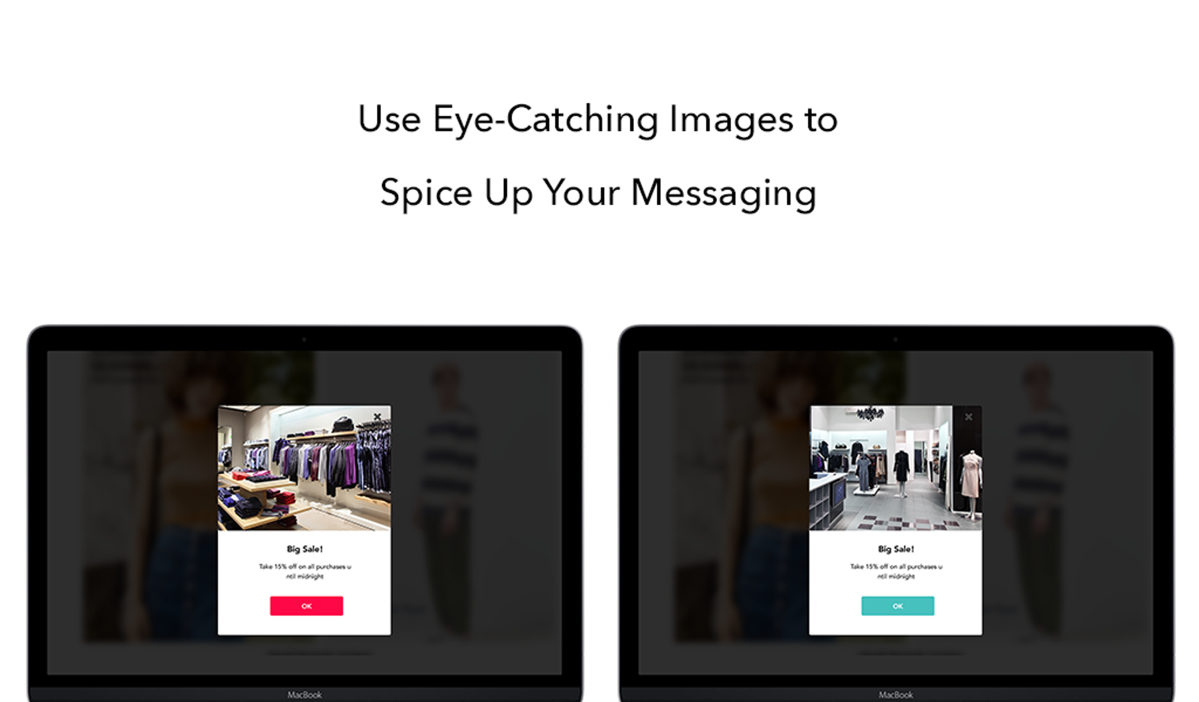 Two laptop screens displaying a promotional message about using eye-catching images to enhance messaging, featuring a sale announcement on each screen.