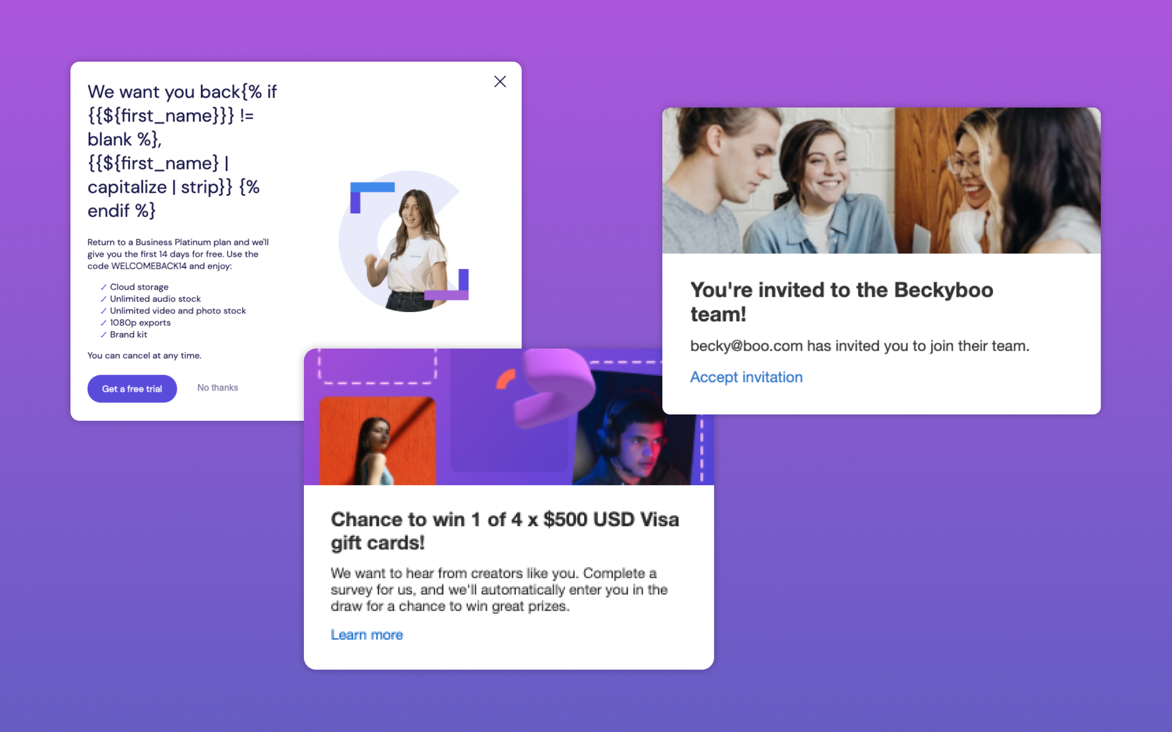 A promotional graphic featuring invitations to join a team, a chance to win gift cards, and a survey for creators. The background is a gradient of purple and blue.