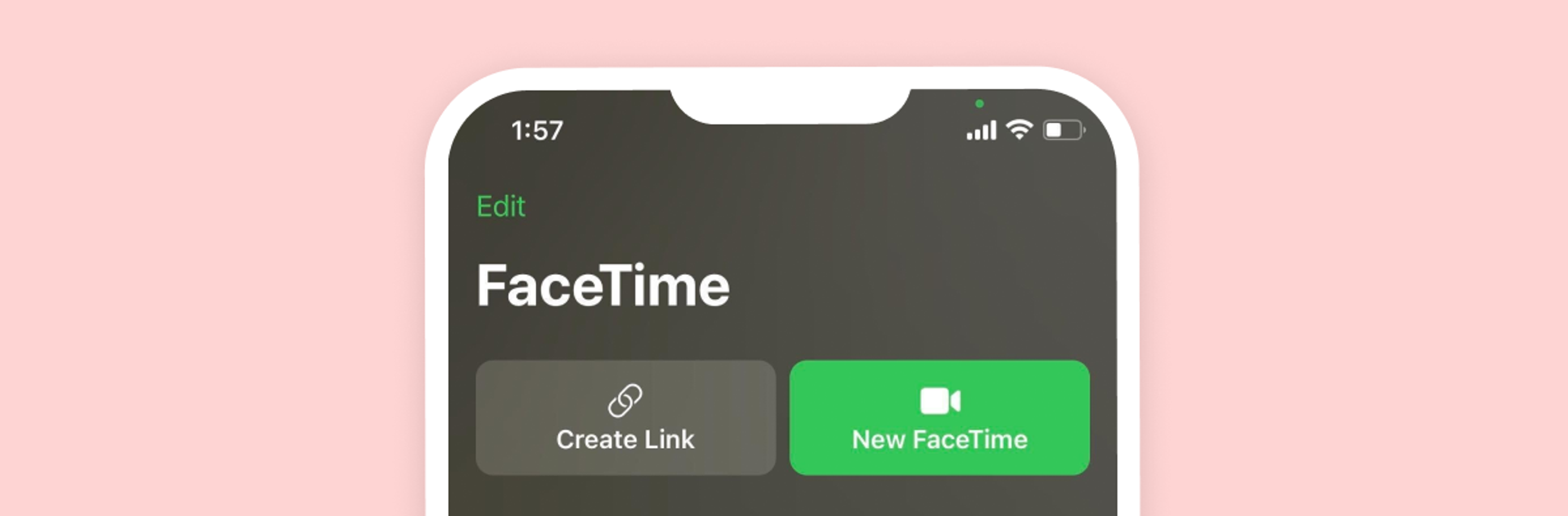 A smartphone screen displaying the FaceTime app interface with options to create a link or start a new FaceTime call. The background is a soft pink color.