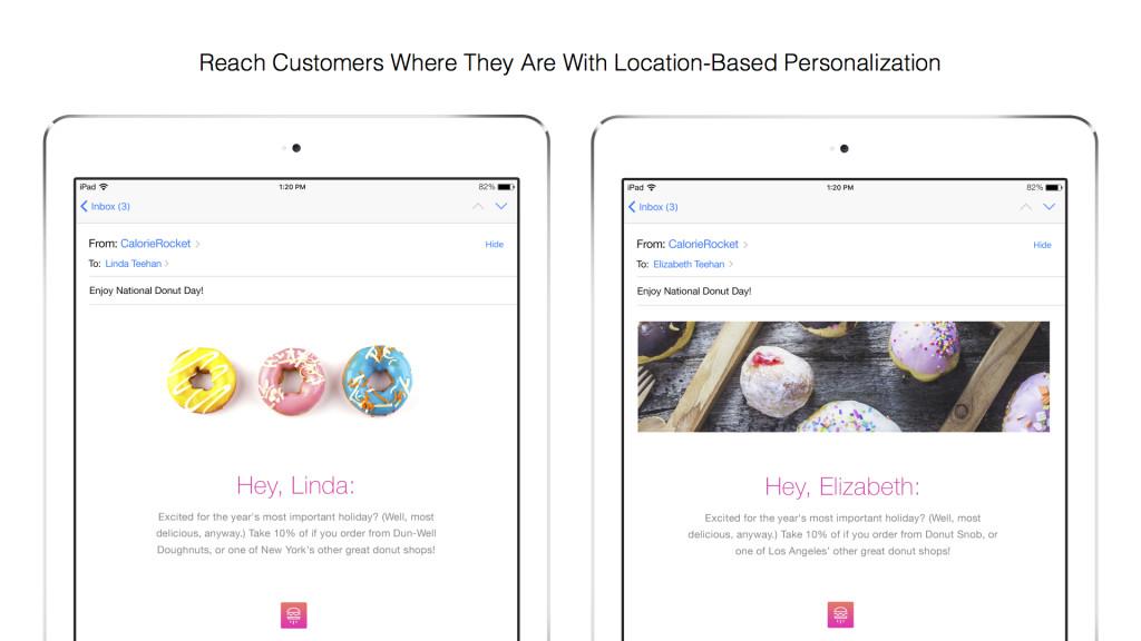 Two iPads displaying an email marketing campaign featuring colorful donuts. The left screen addresses a customer named Linda, while the right screen addresses Elizabeth, highlighting personalized messages for National Donut Day.