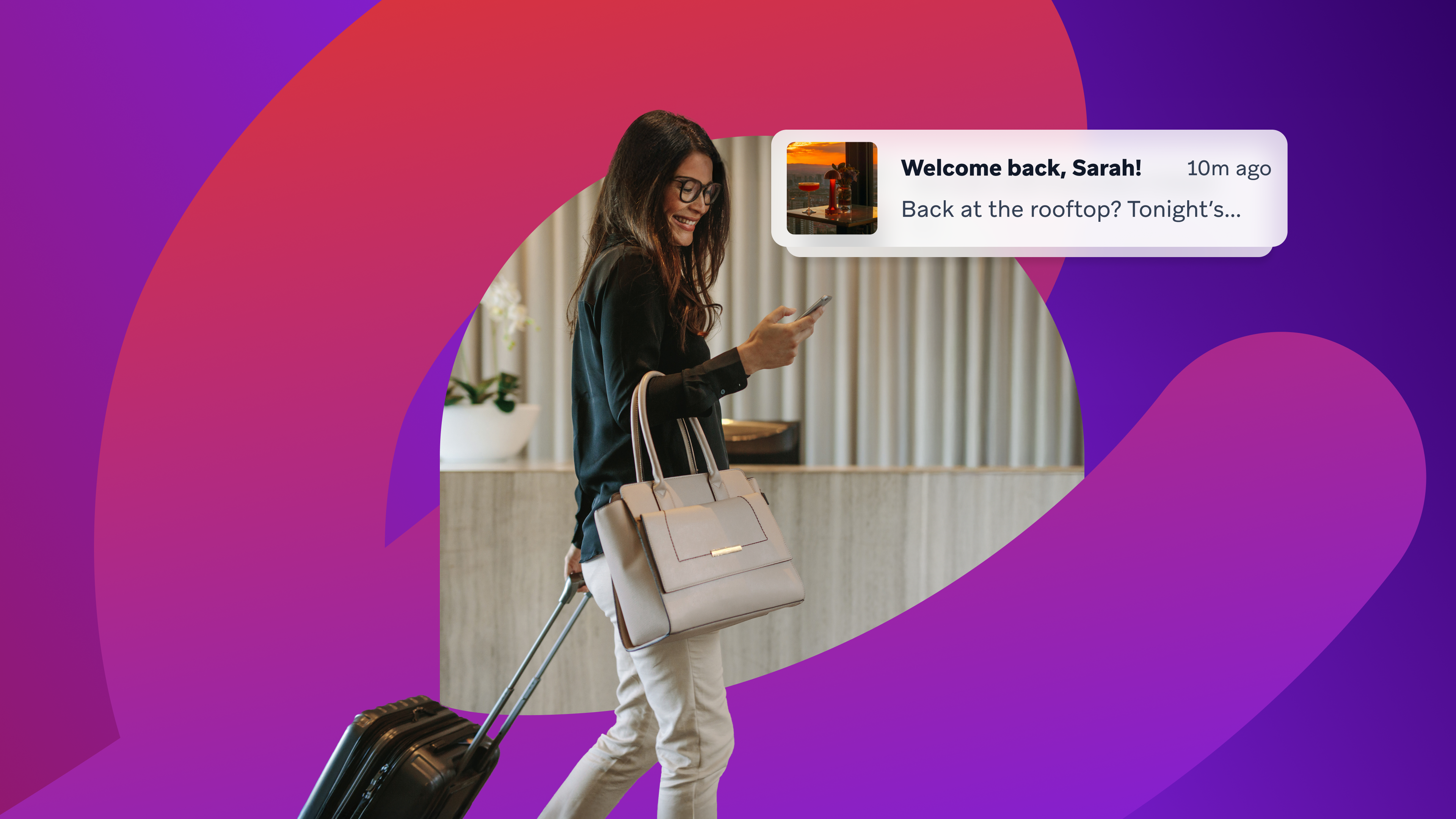 a woman with a suitcase is looking at her phone with a message that says welcome back sarah