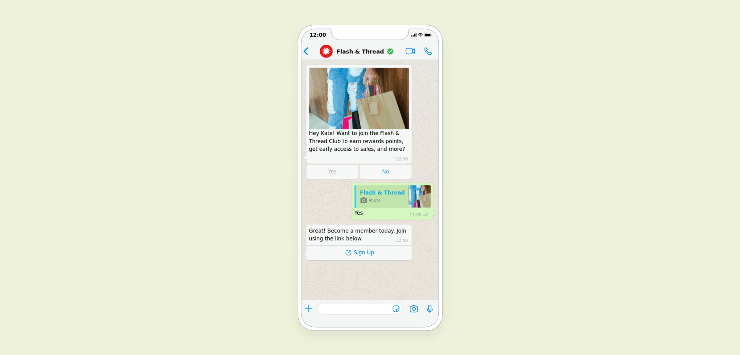 A smartphone screen displaying a chat conversation about joining the Flash & Thread Club, with messages about rewards and membership options.