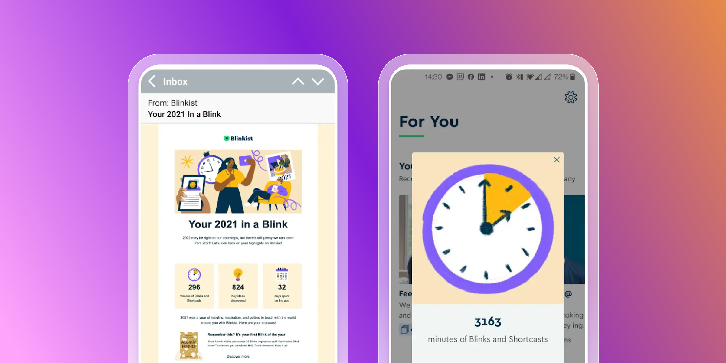 Two phones displaying Blinkist app year-end summaries with usage statistics.