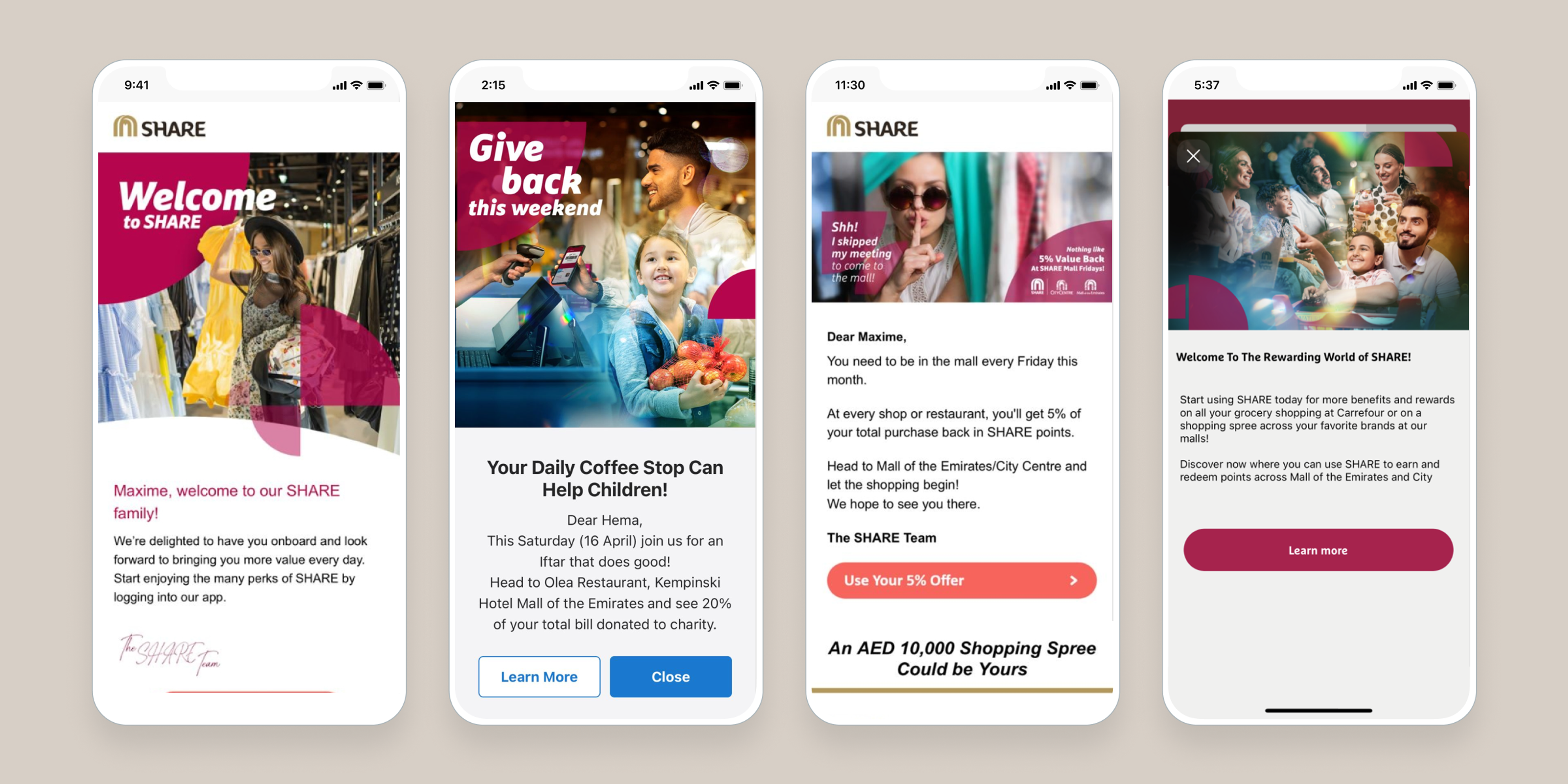 Four smartphone screens displaying promotional messages for a program called SHARE, including welcome notes, a call to give back, and offers related to dining and shopping.