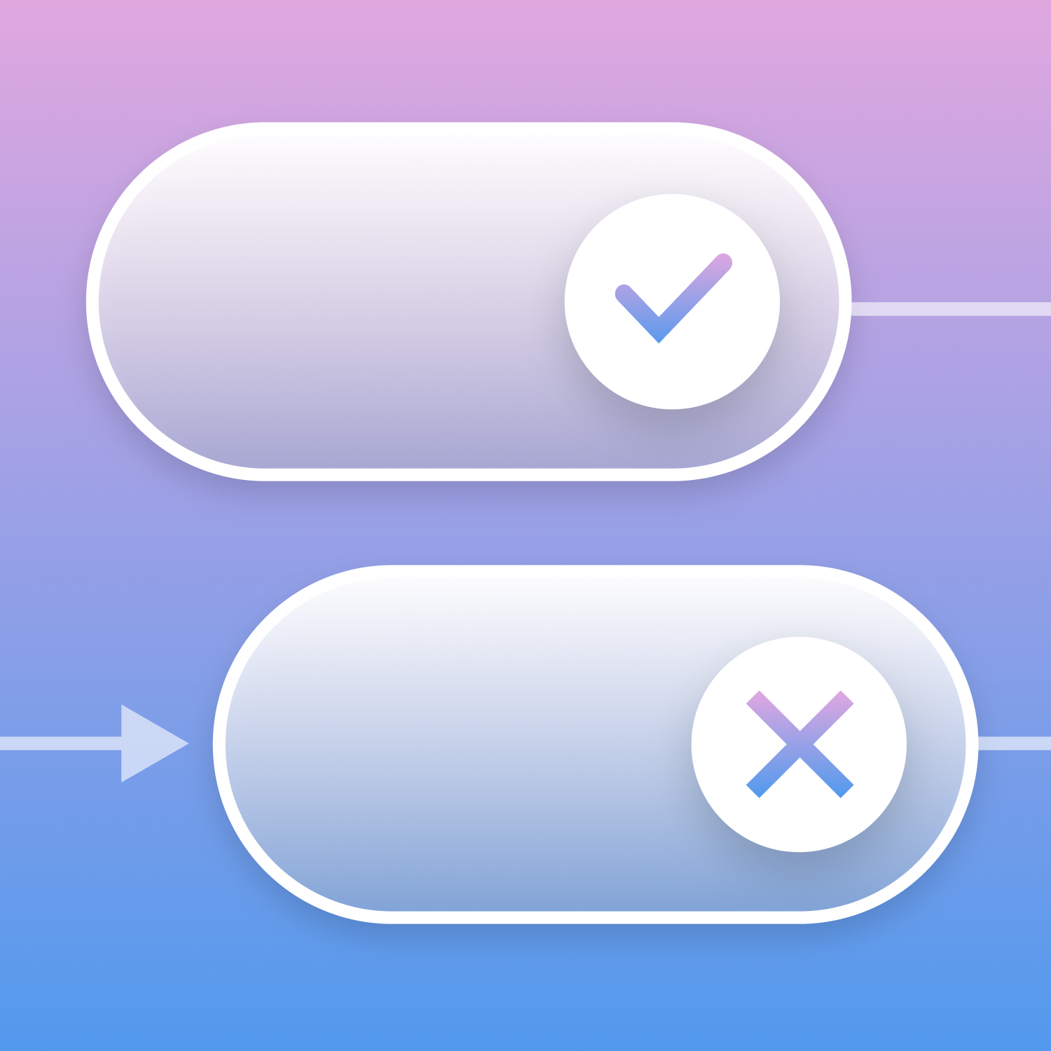 Two toggle switches on a gradient background. The top switch is in the "on" position with a checkmark, and the bottom switch is in the "off" position with an X.