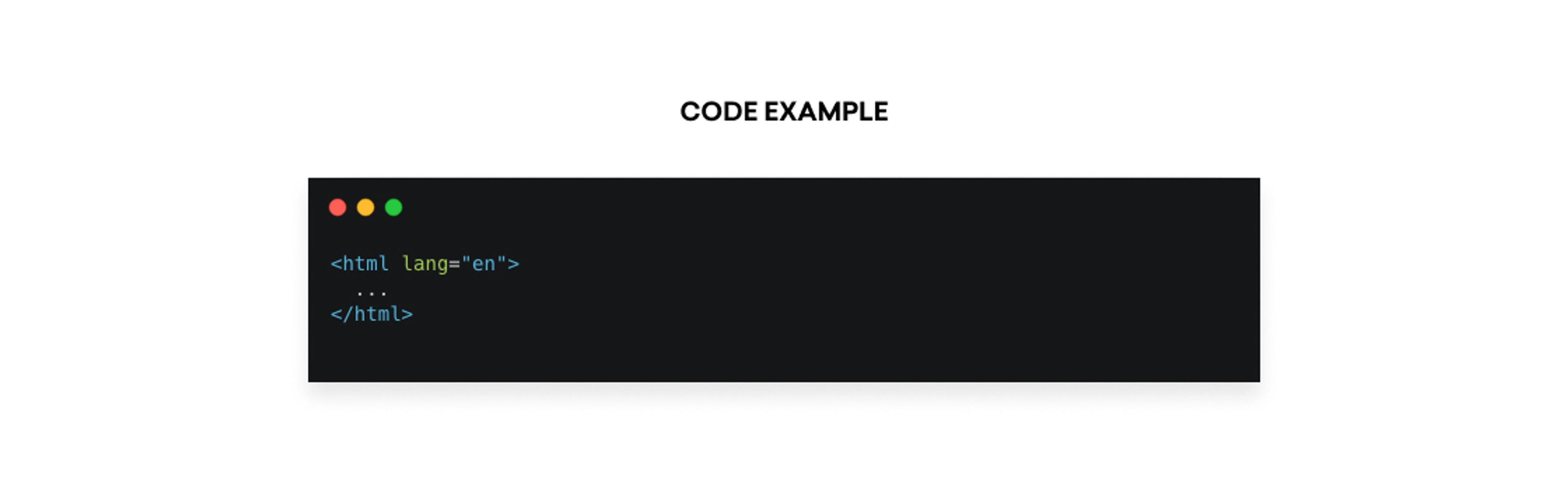 A code snippet showing an HTML document with the language attribute set to English. The code is displayed on a dark background.
