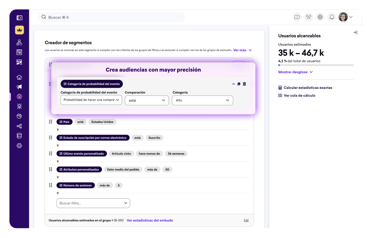 Página con el panel de control de Segment Builder