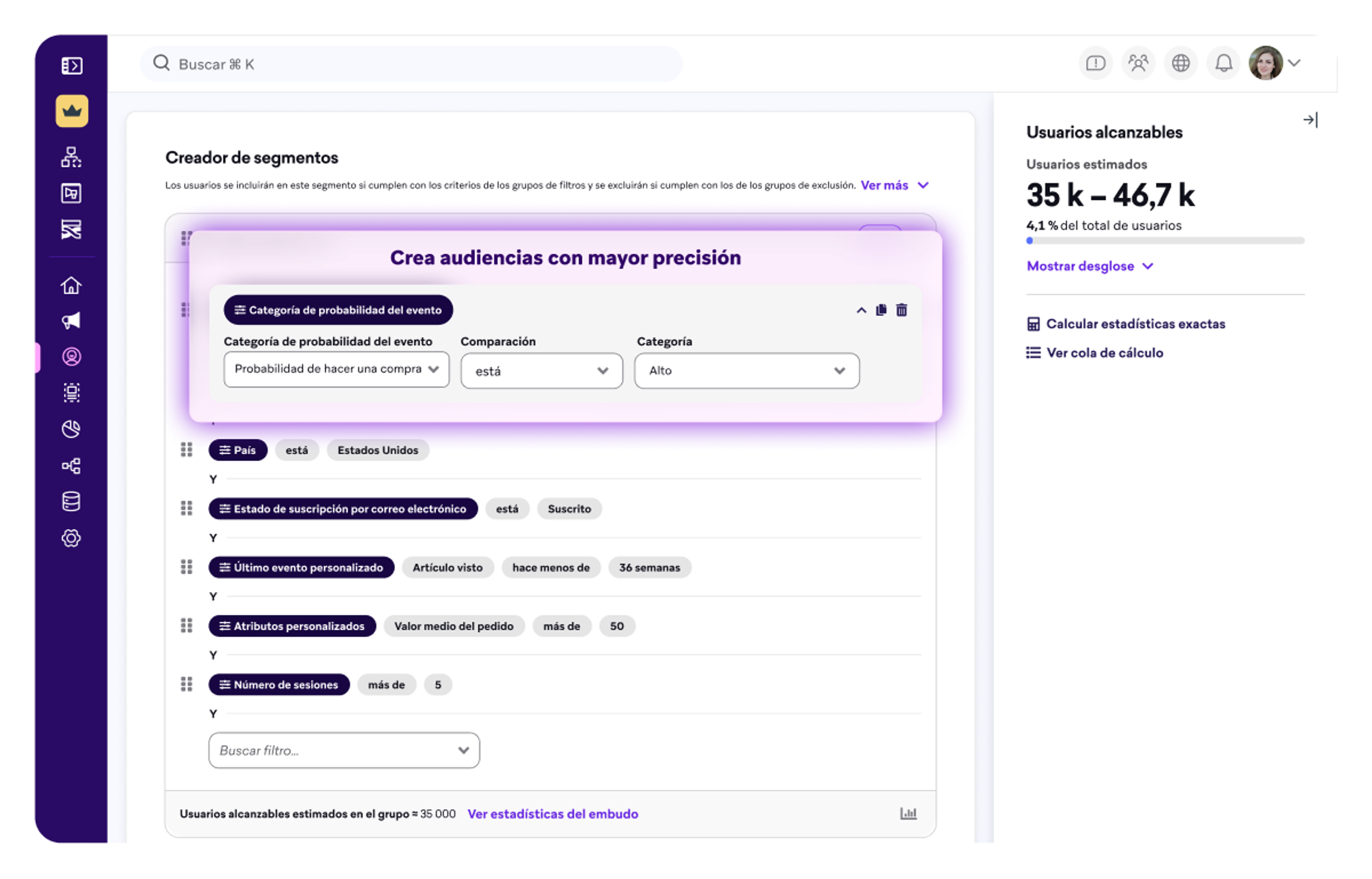 Página con el panel de control de Segment Builder