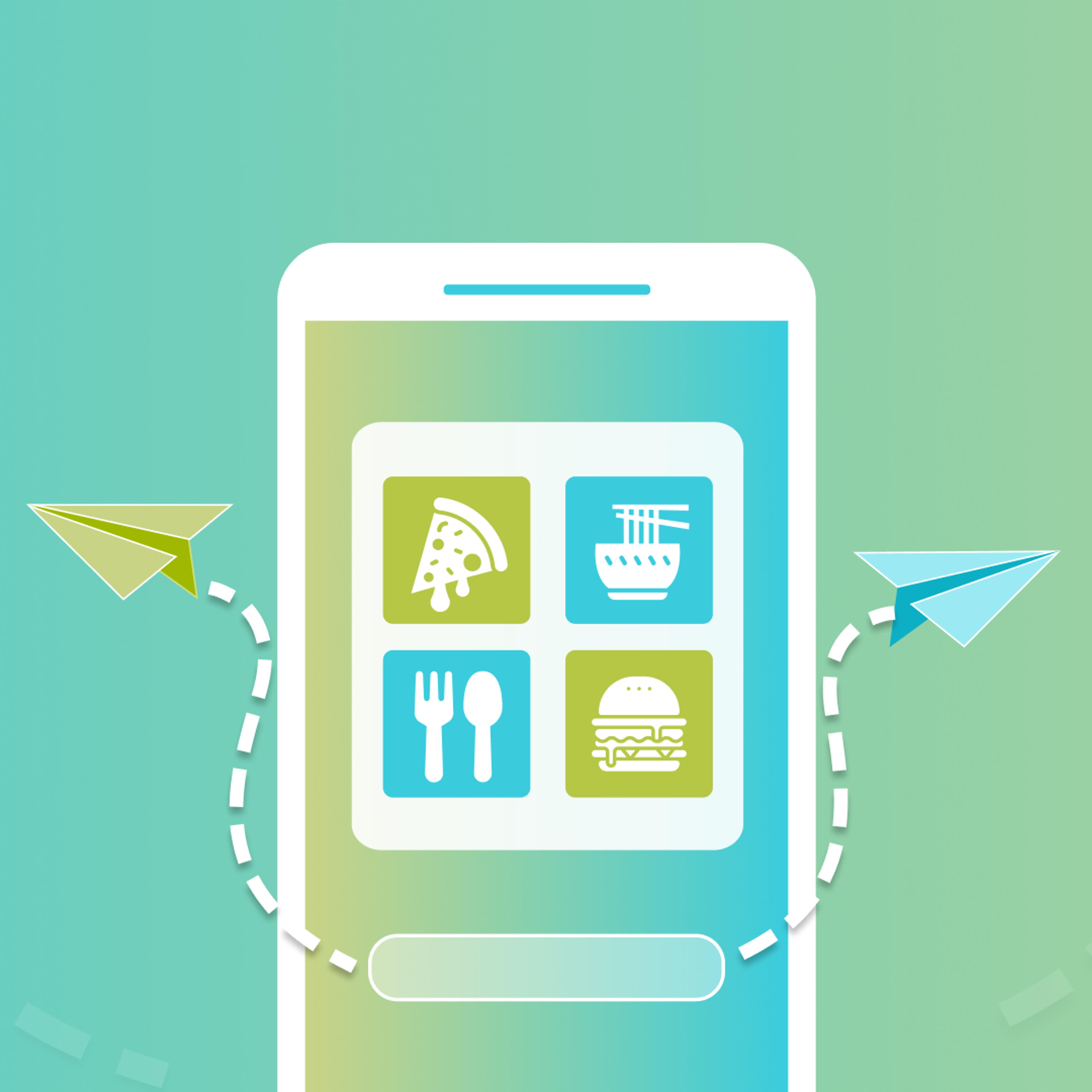 A smartphone screen displaying icons for food options like pizza, noodles, utensils, and a burger, with paper airplanes on either side. The background features a gradient of green and blue colors.