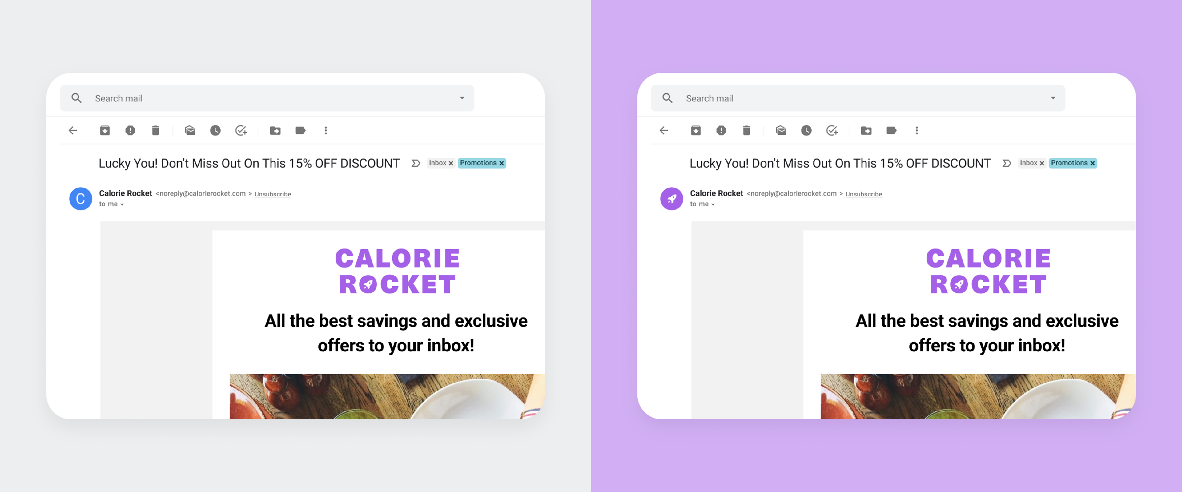 A split-screen view of an email interface displaying a promotional message from "Calorie Rocket" on a white background and a purple background. The message highlights savings and exclusive offers.