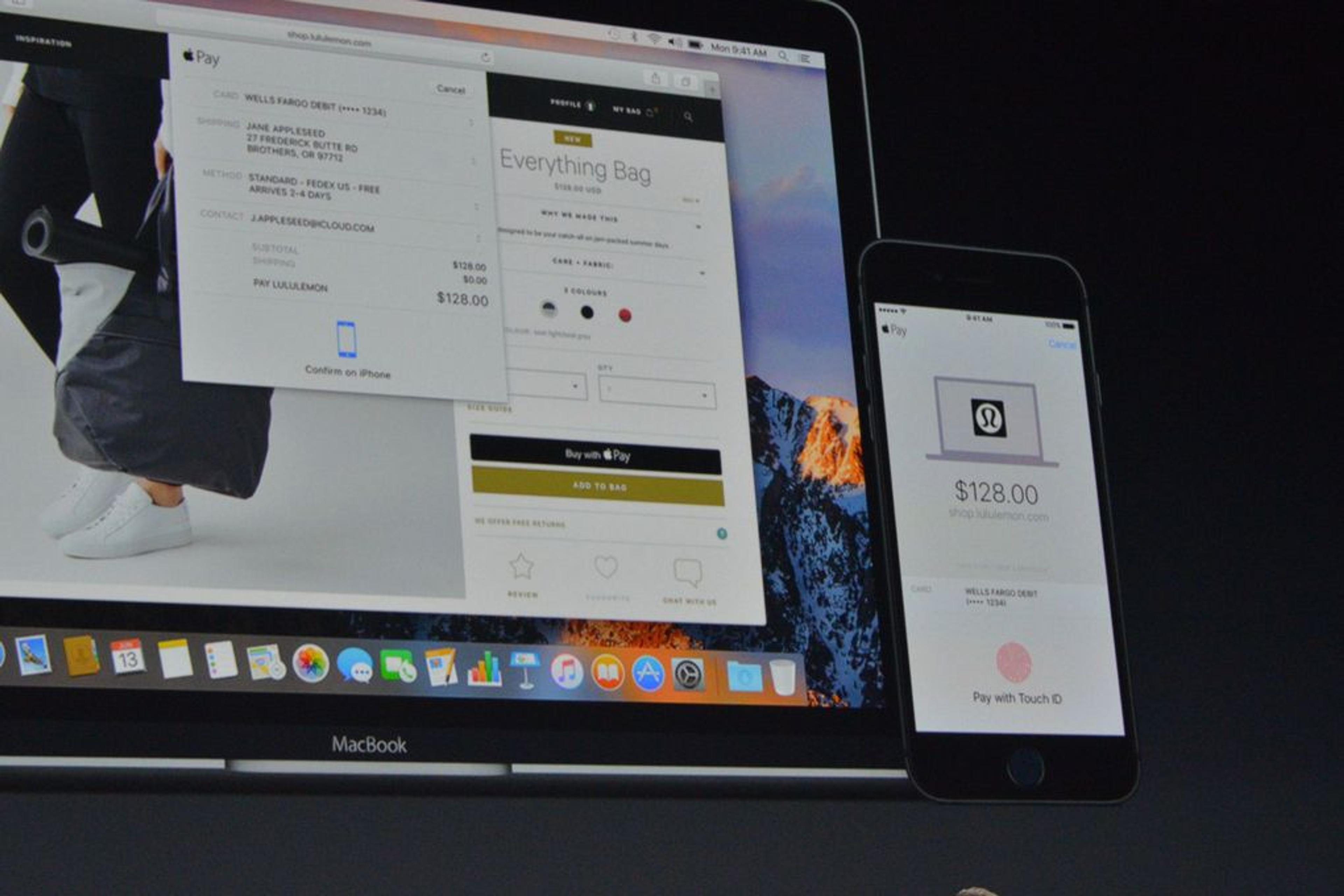 A MacBook screen displaying an online shopping cart with a total of $138.00, alongside an iPhone showing a payment screen for $128.00 using Apple Pay.