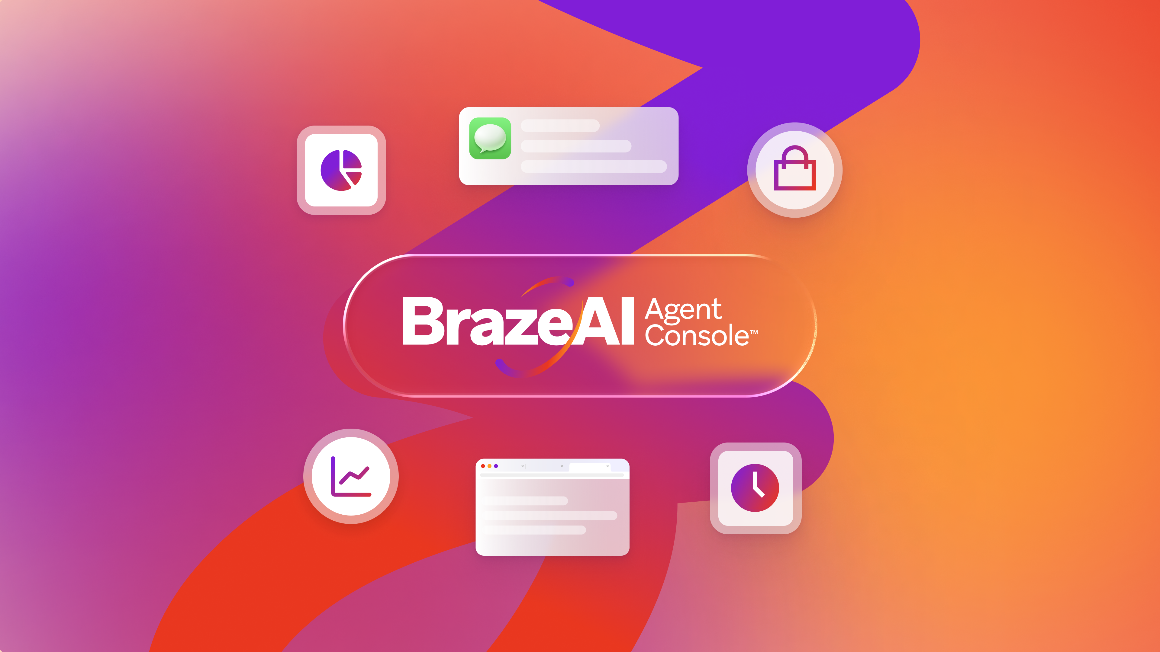 BrazeAI Agent Console logo surrounded by frosted icons for data, messaging, commerce, analytics, web, and time, on a vibrant purple, orange, and red gradient background.