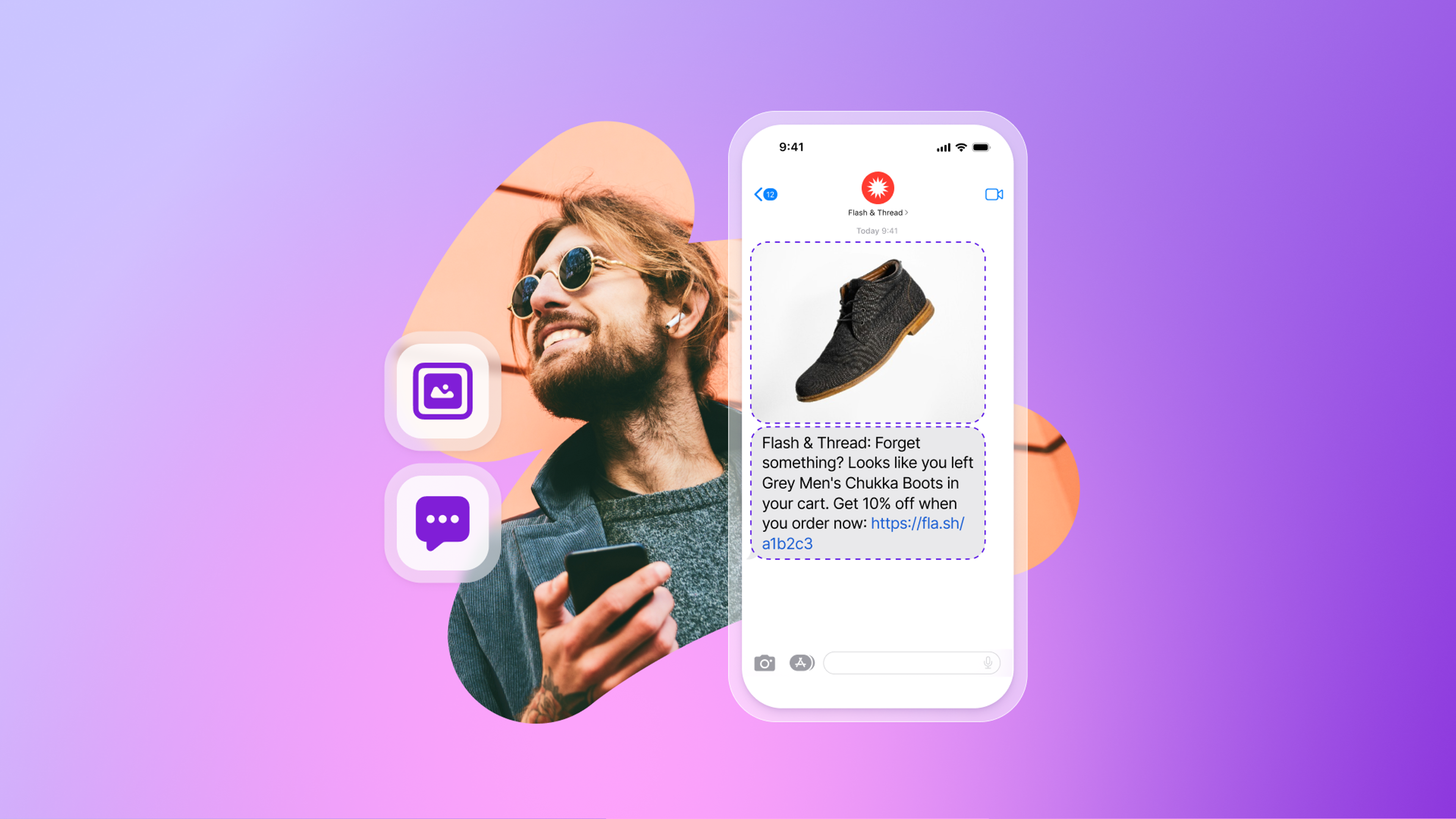 A man smiling at his phone, which shows an SMS marketing message with grey boots and an abandoned cart discount offer.