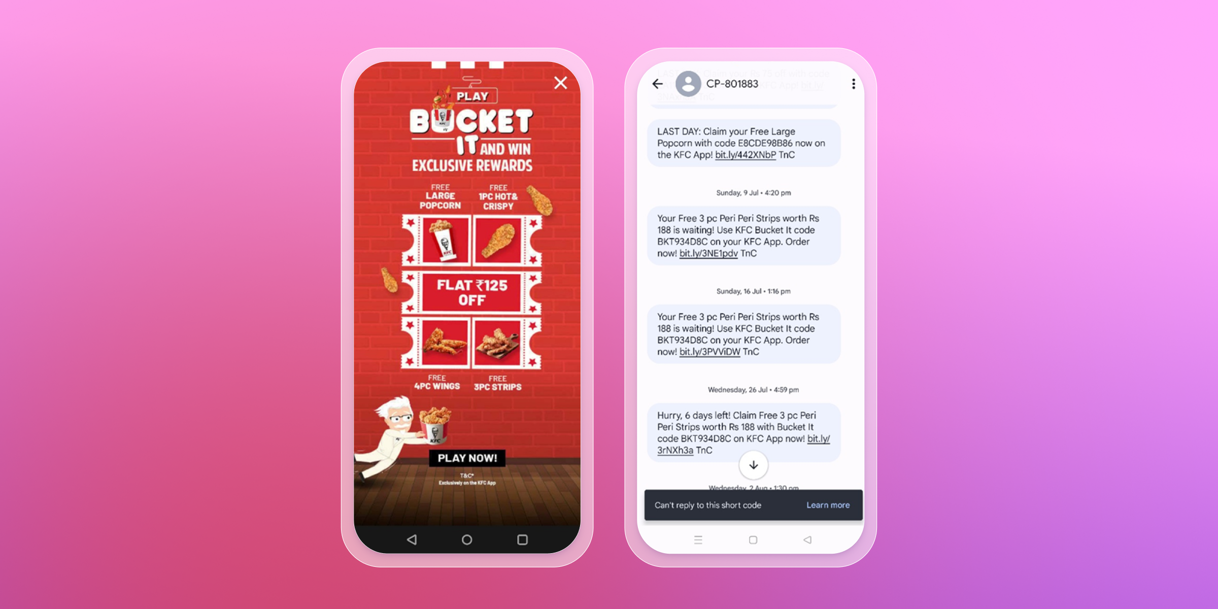 Two smartphones display a KFC Bucket It and Win rewards game and promotional text messages with coupon codes.