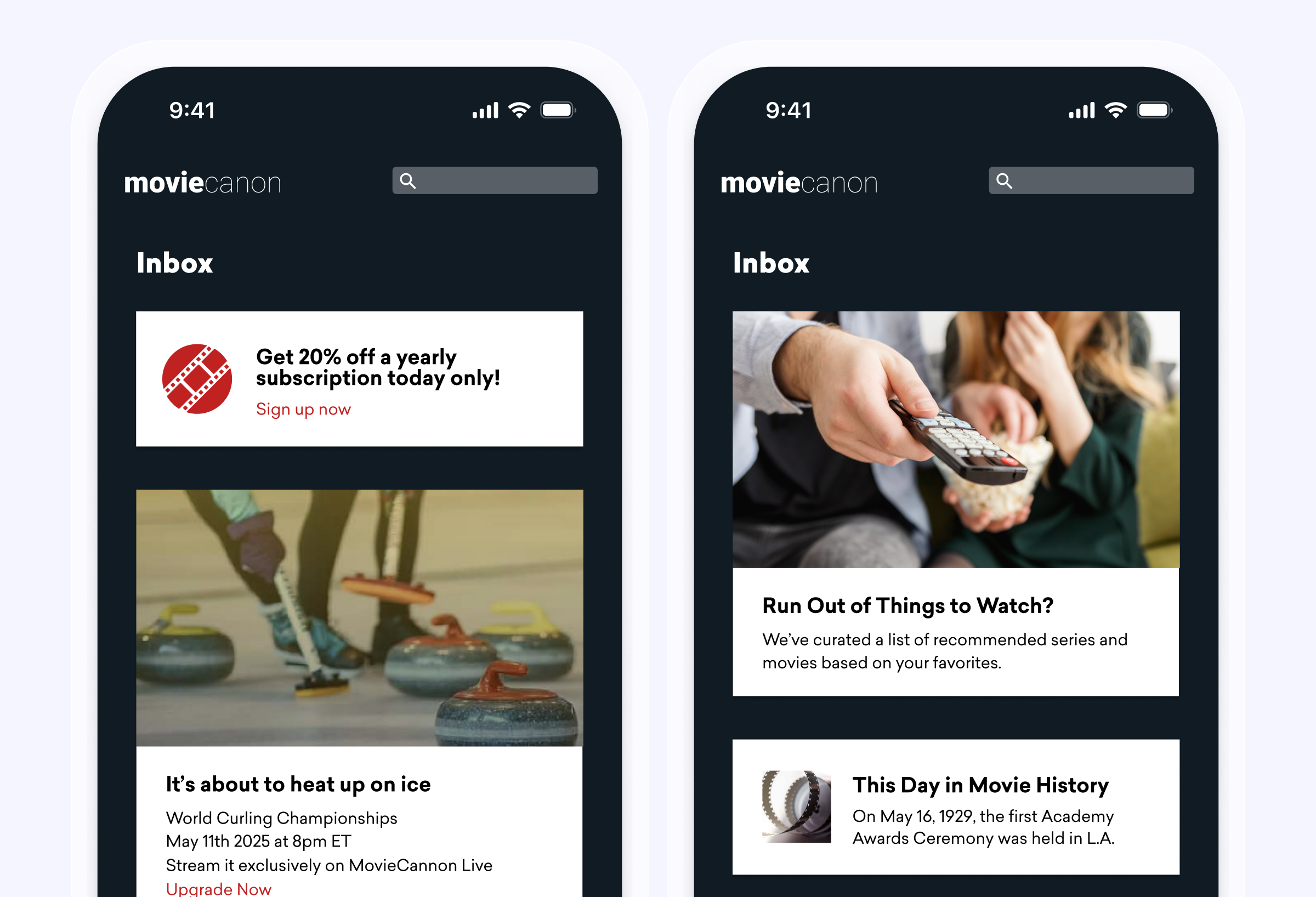 Two smartphone screens displaying the MovieCanon inbox. One screen features a promotional message for a subscription discount, while the other highlights recommended series and a historical movie event.