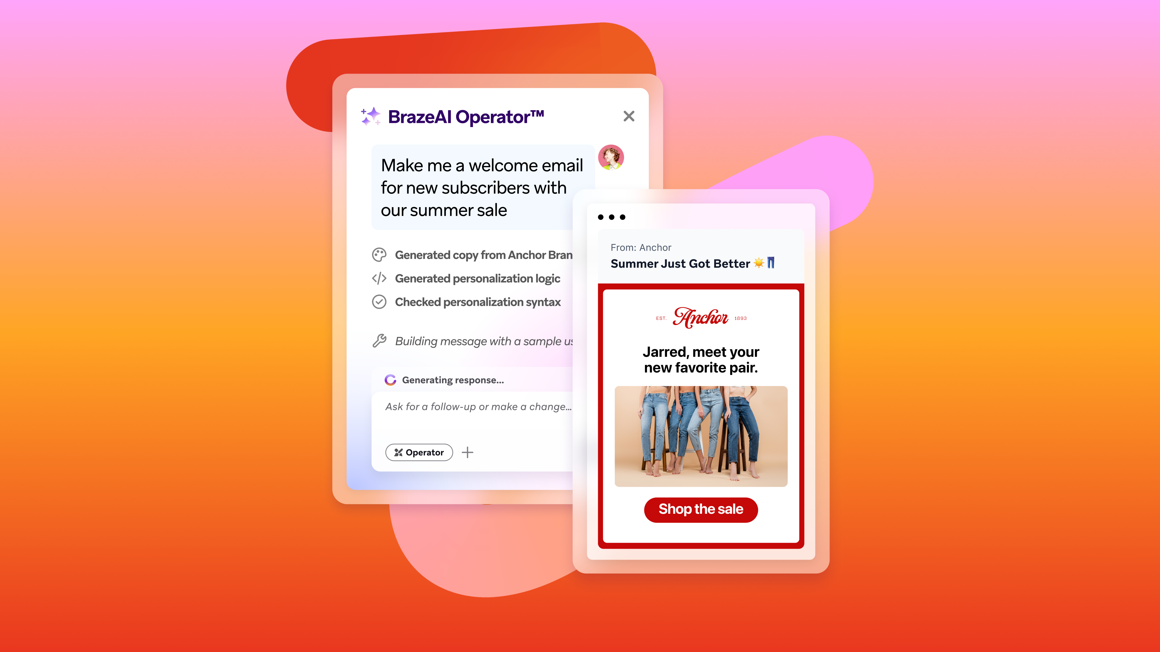 BrazeAI Operator generating a personalized welcome email for a summer sale, with a preview of the email showing jeans.