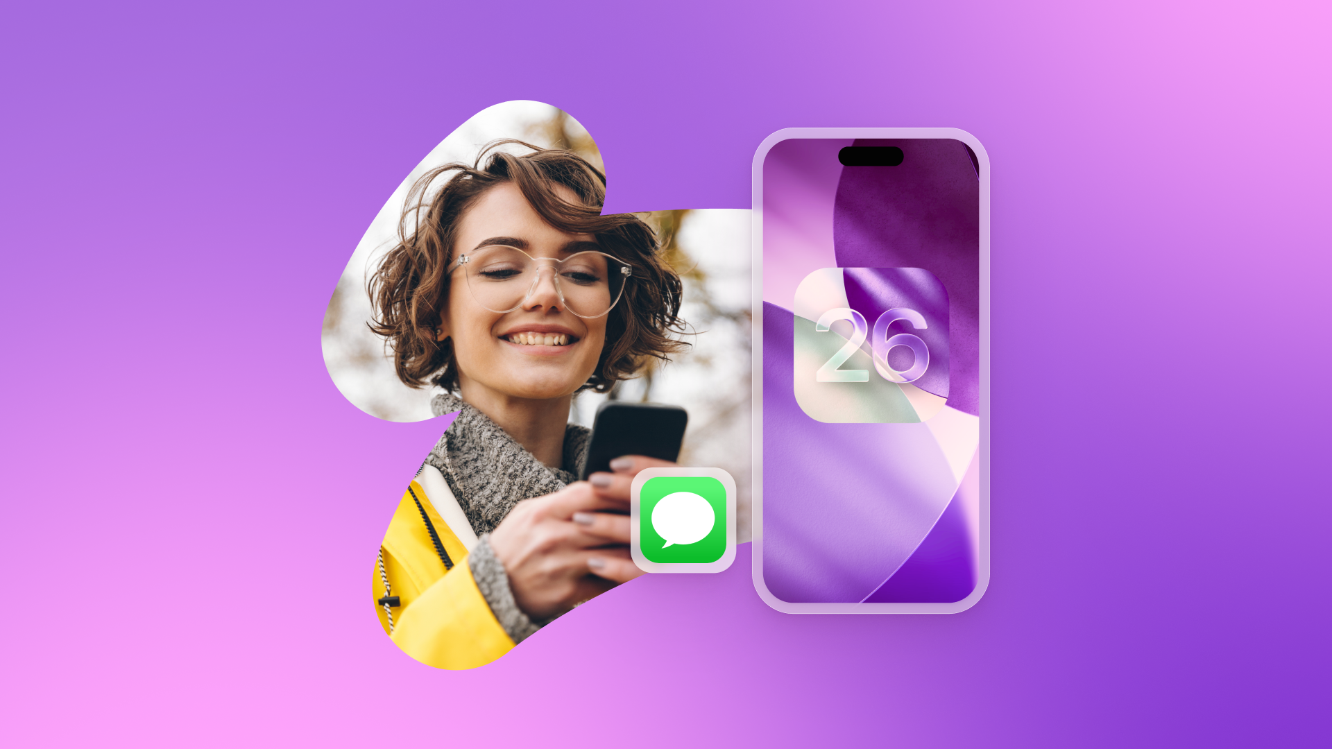 a woman is smiling while looking at her phone with the number 26 on the screen