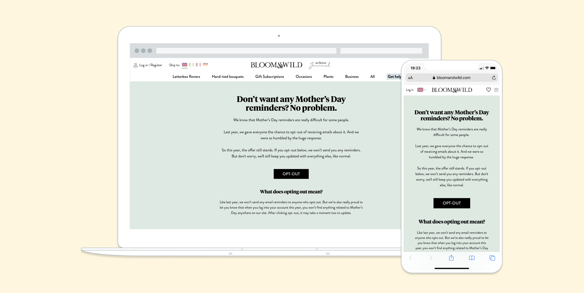 A webpage displayed on a laptop and smartphone, featuring a message about opting out of Mother's Day reminders. The design includes a light background and clear text options.