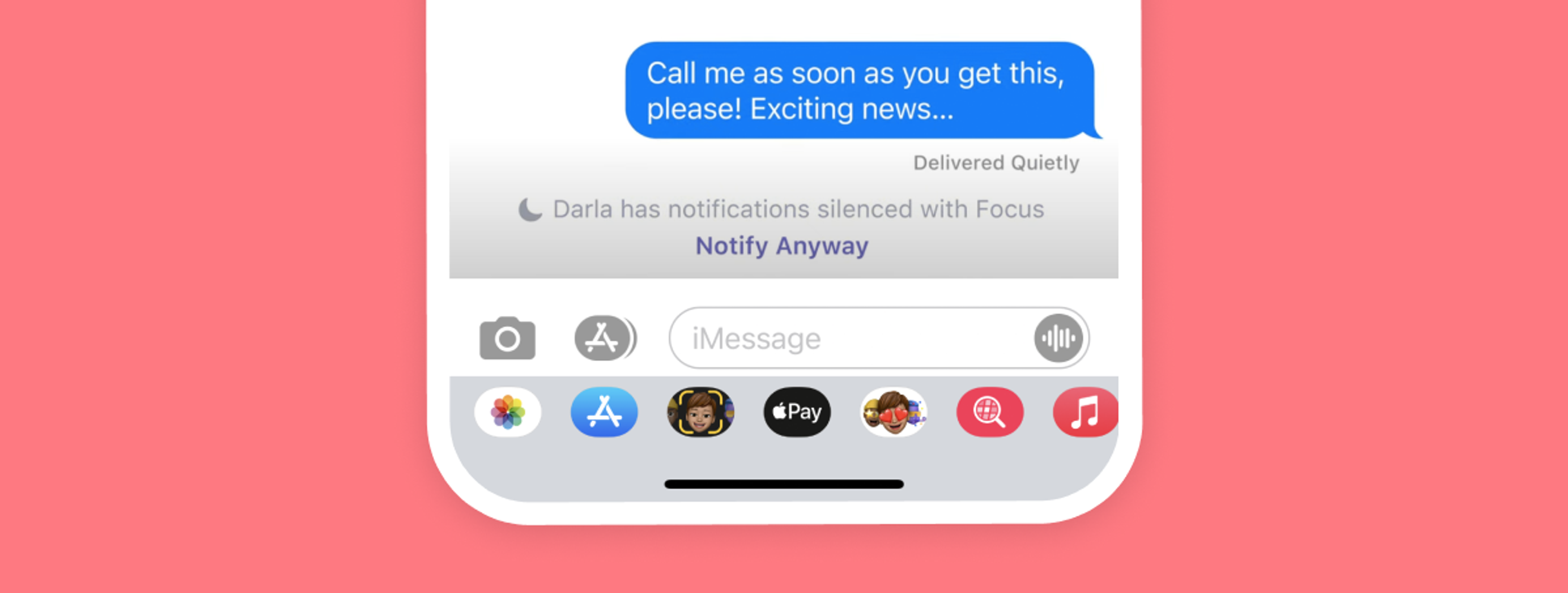 A smartphone screen displaying a text message with the content "Call me as soon as you get this, please! Exciting news..." and a notification about silenced alerts. The background is pink.