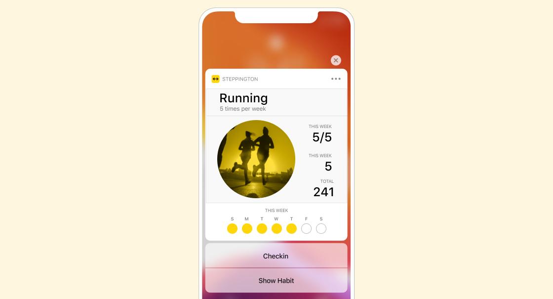 A mobile app interface displaying a running habit tracker. It shows weekly progress with a score of 5 out of 5 and a total of 241 runs.