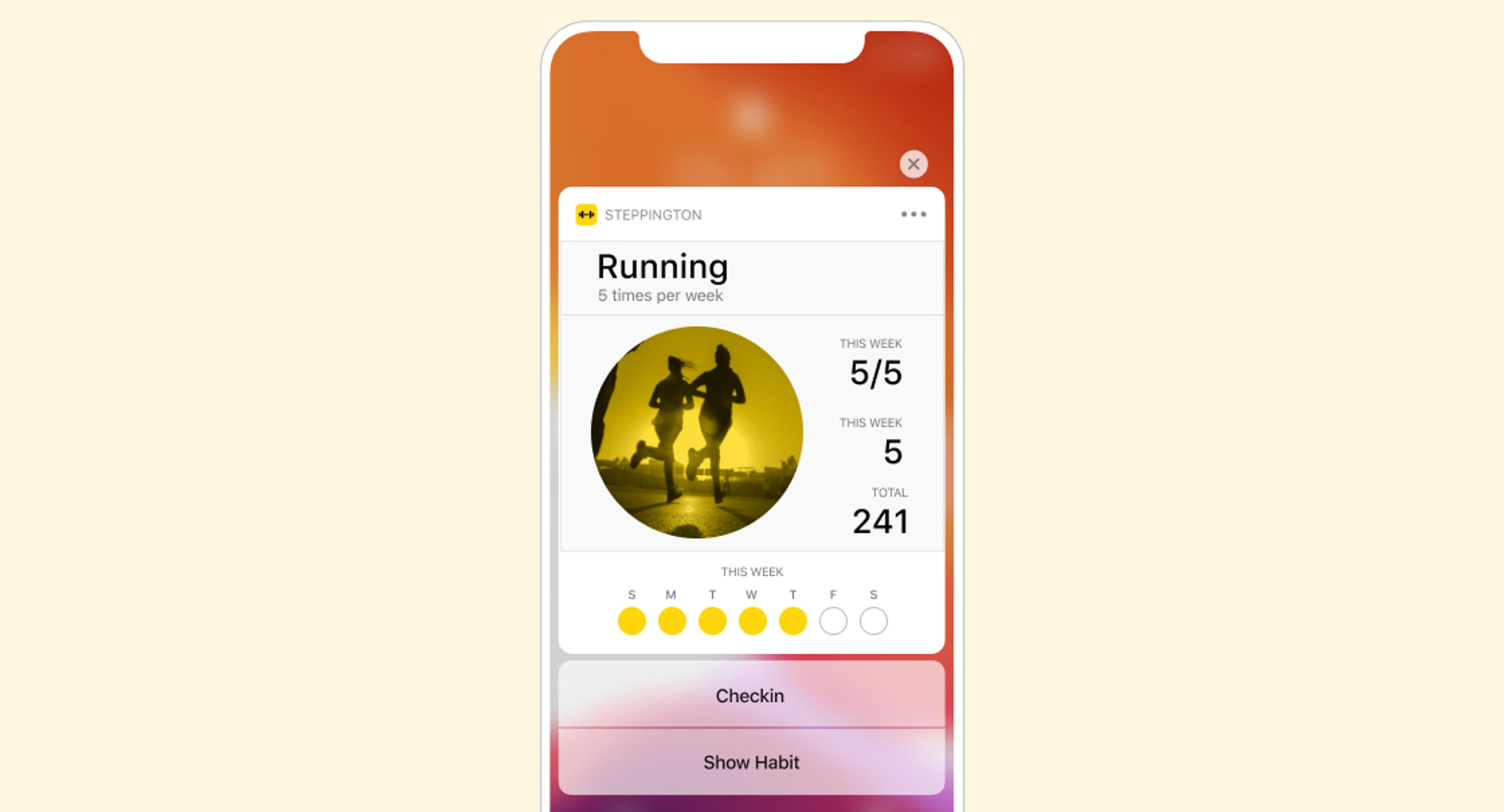 A mobile app interface displaying a running habit tracker. It shows weekly progress with a score of 5 out of 5 and a total of 241 runs.