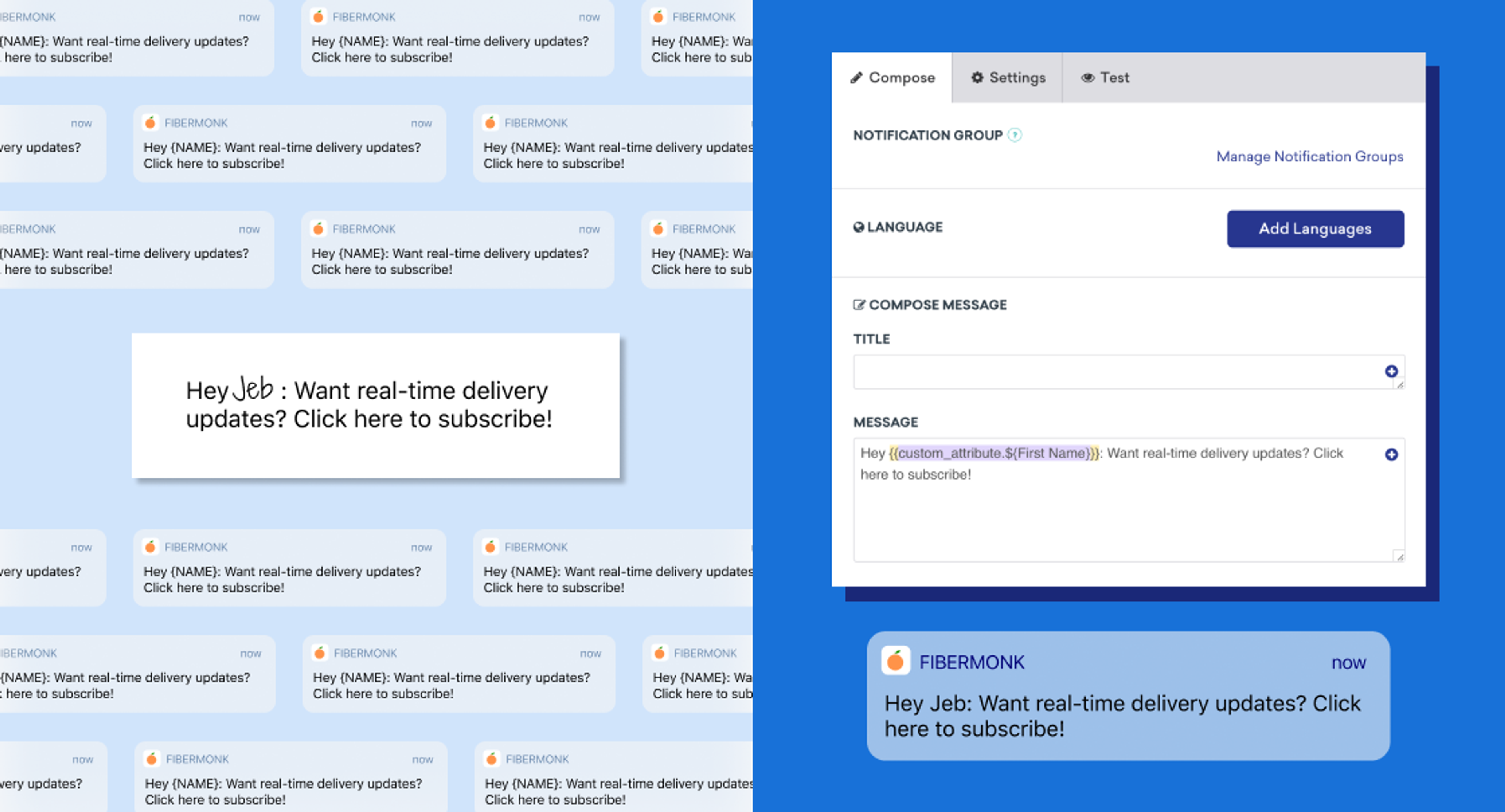 A collage of notification messages about real-time delivery updates, with a highlighted message inviting users to subscribe. The background features a blue interface for managing notification groups.