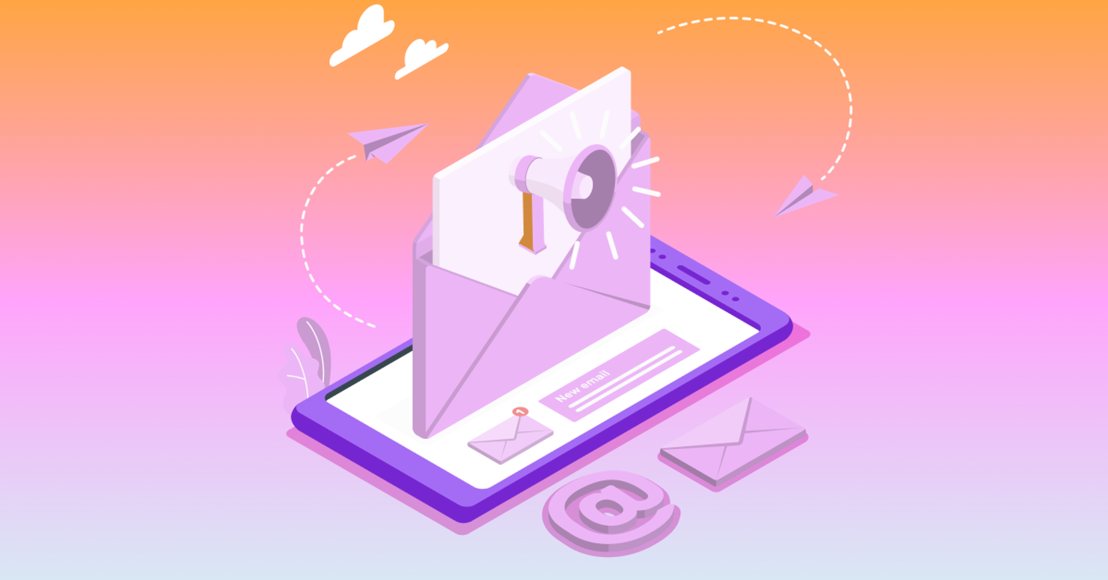 an isometric illustration of an envelope with a megaphone coming out of it