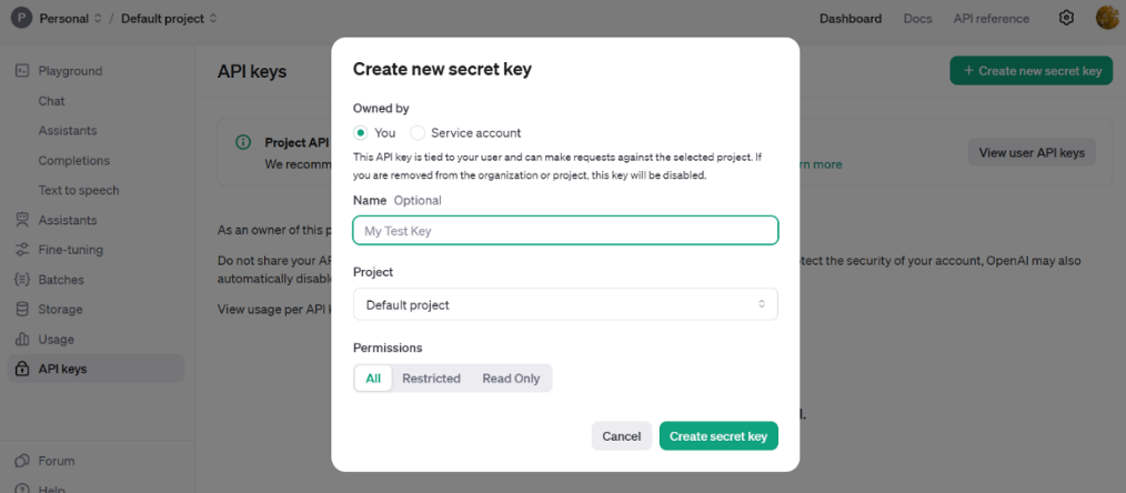 a screenshot of a screen that says create new secret key