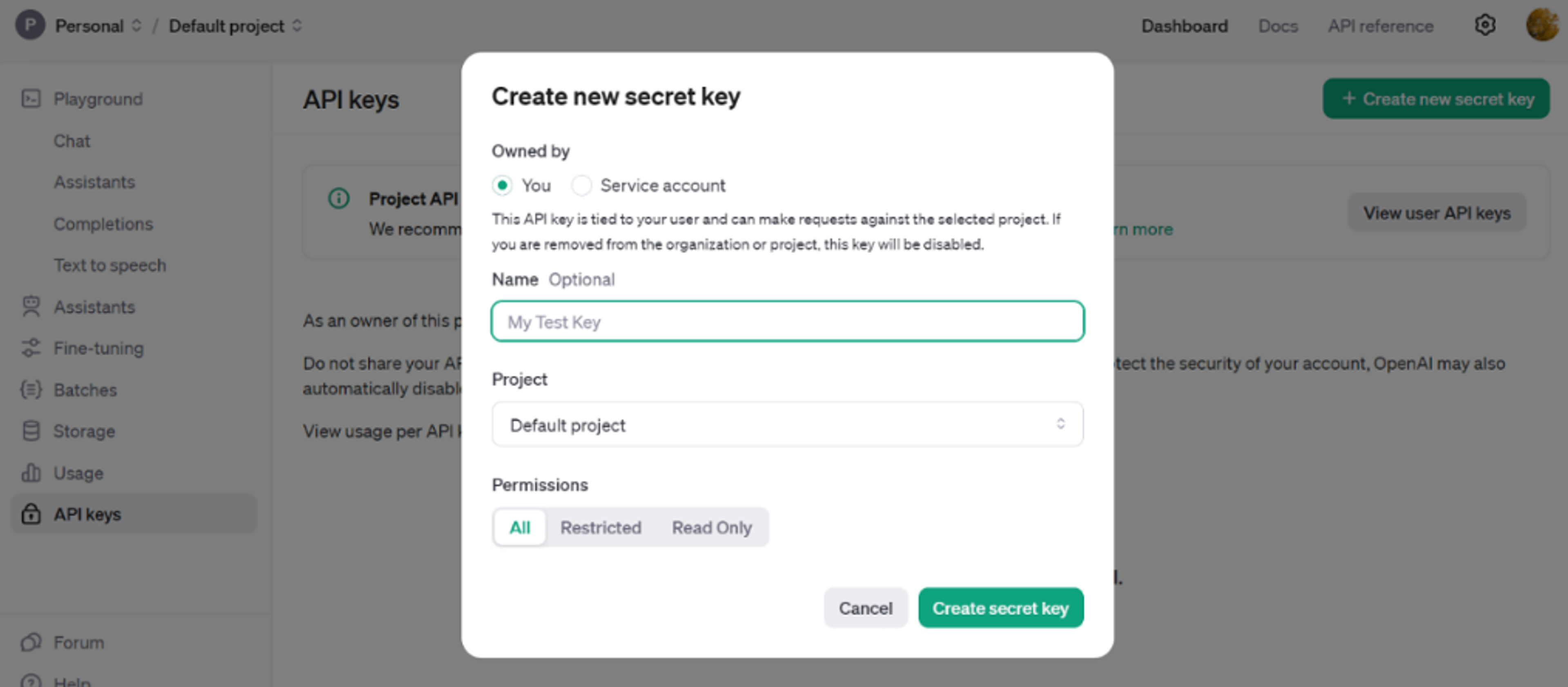 a screenshot of a screen that says create new secret key