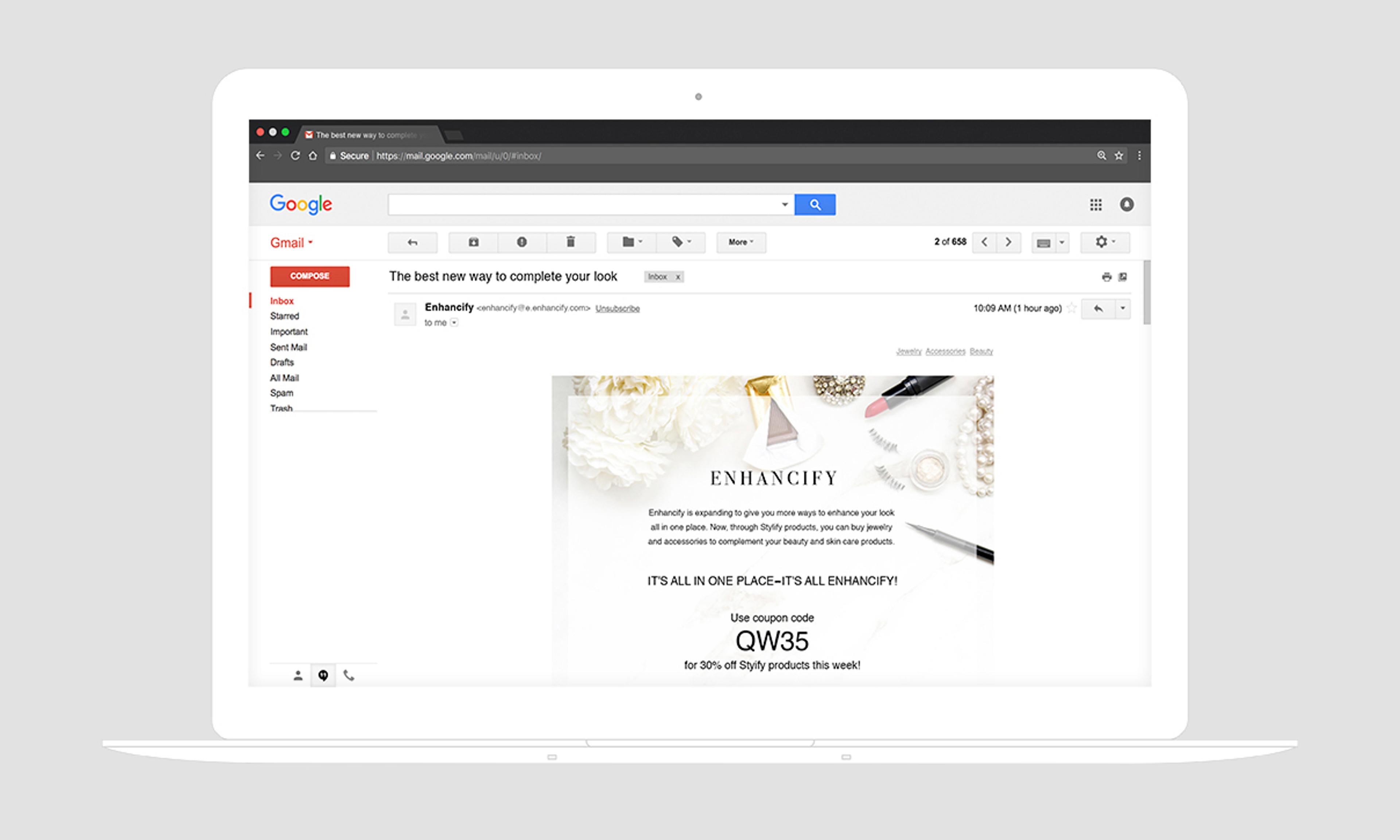 A laptop screen displaying a Gmail interface with an email titled "The best new way to complete your look." The email promotes a product called "Enhanceify.